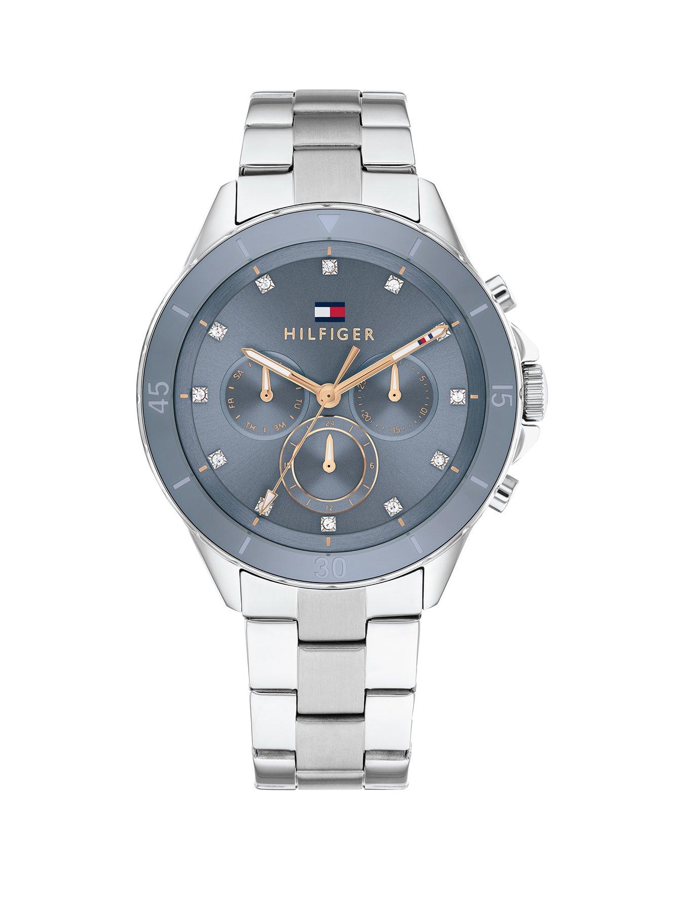 women s stainless steel watch with a moonlight blue ceramic bezel