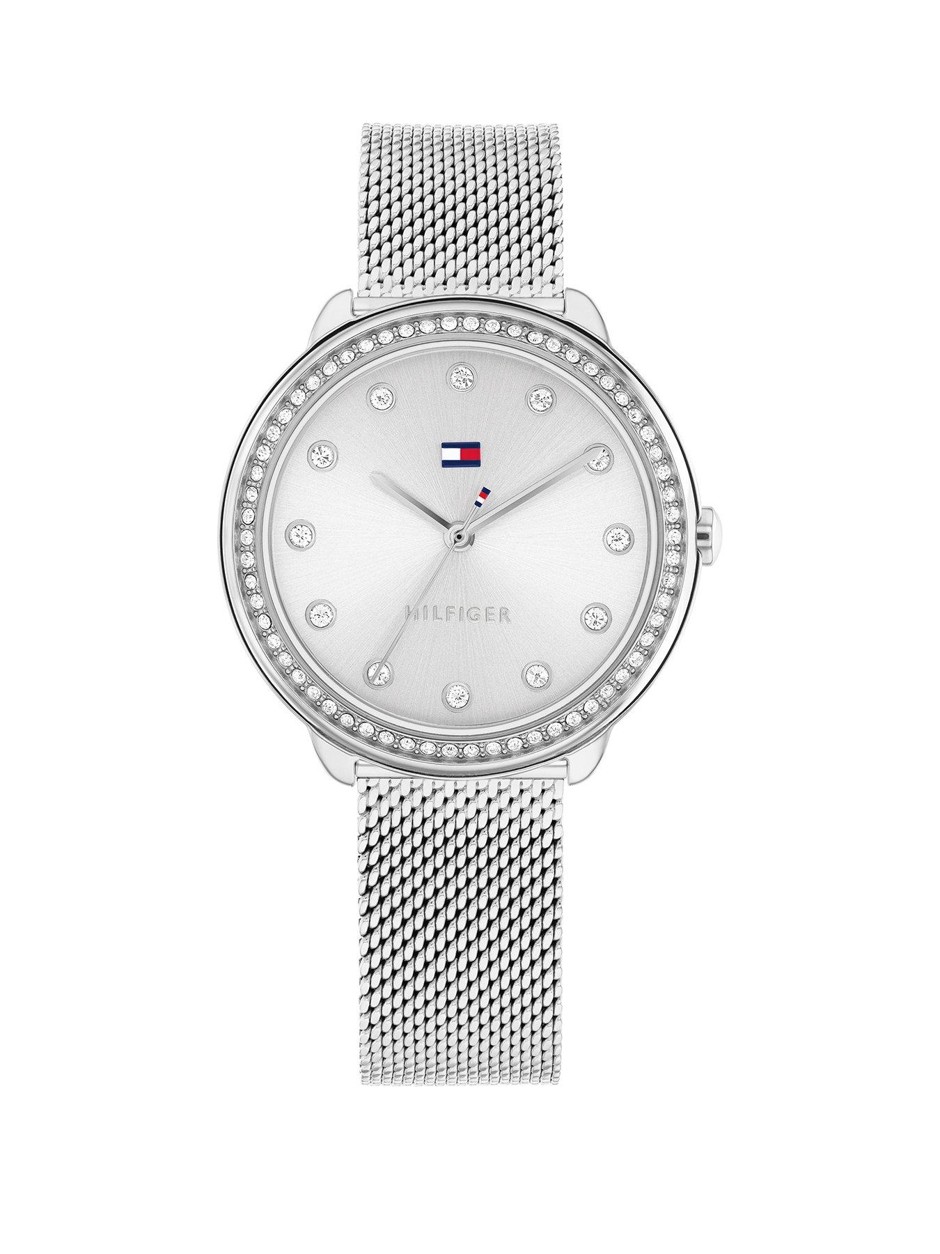 Tommy Hilfiger women's stainless steel mesh watch with a crystal bezel