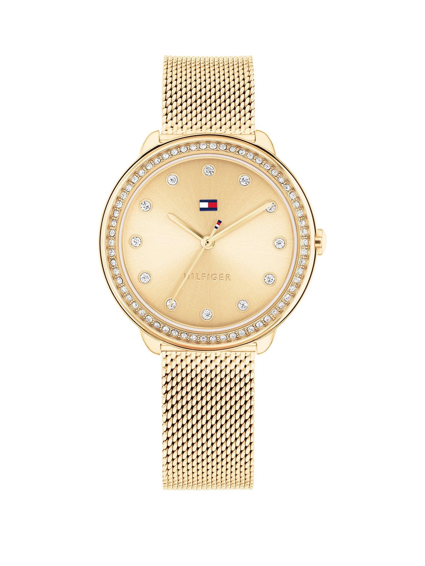 undefined women's gold plated mesh watch with a crystal bezel