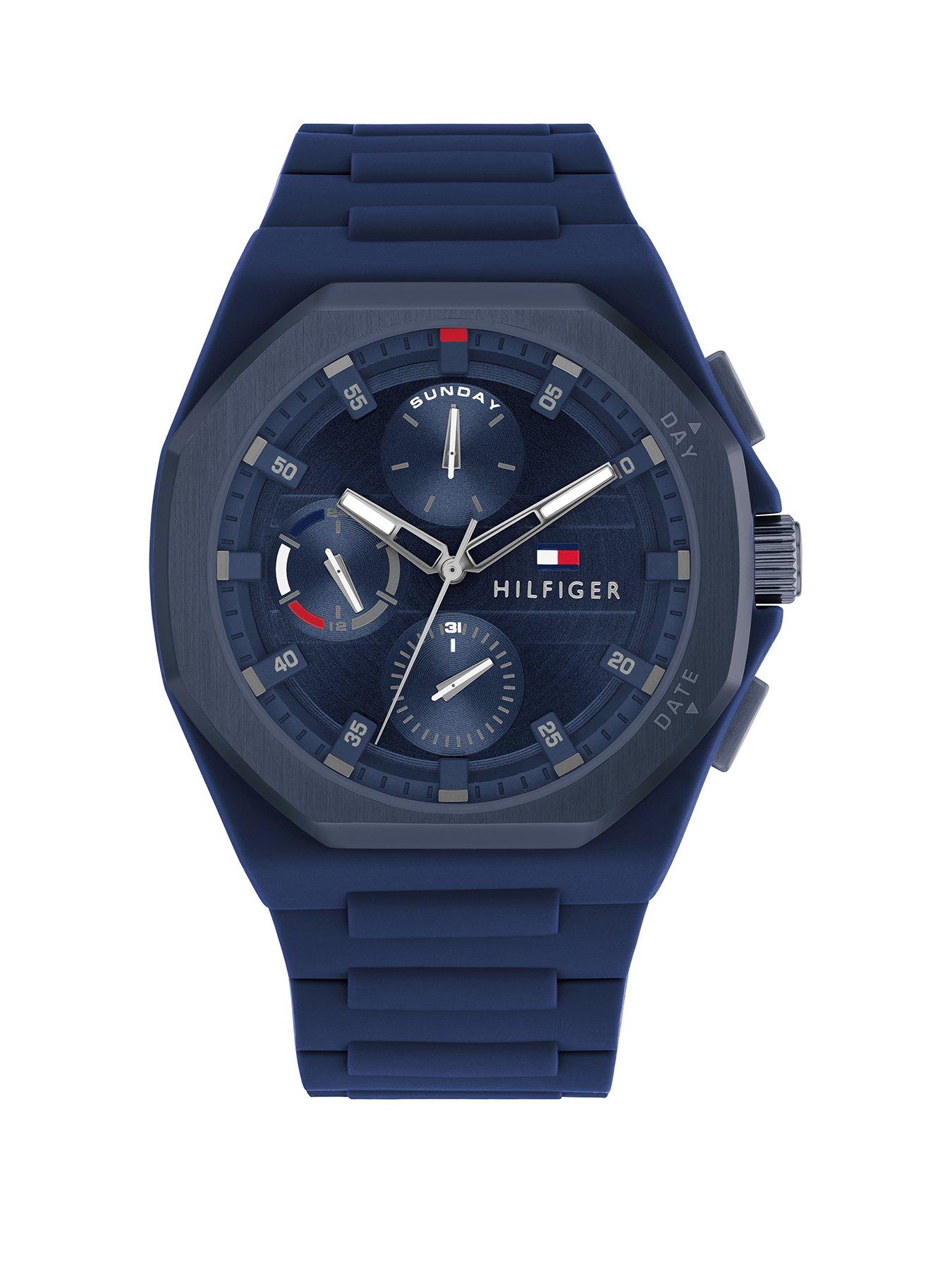 Product photograph of Tommy Hilfiger Blue Ip Men S Silicone Strap Watch from very.co.uk