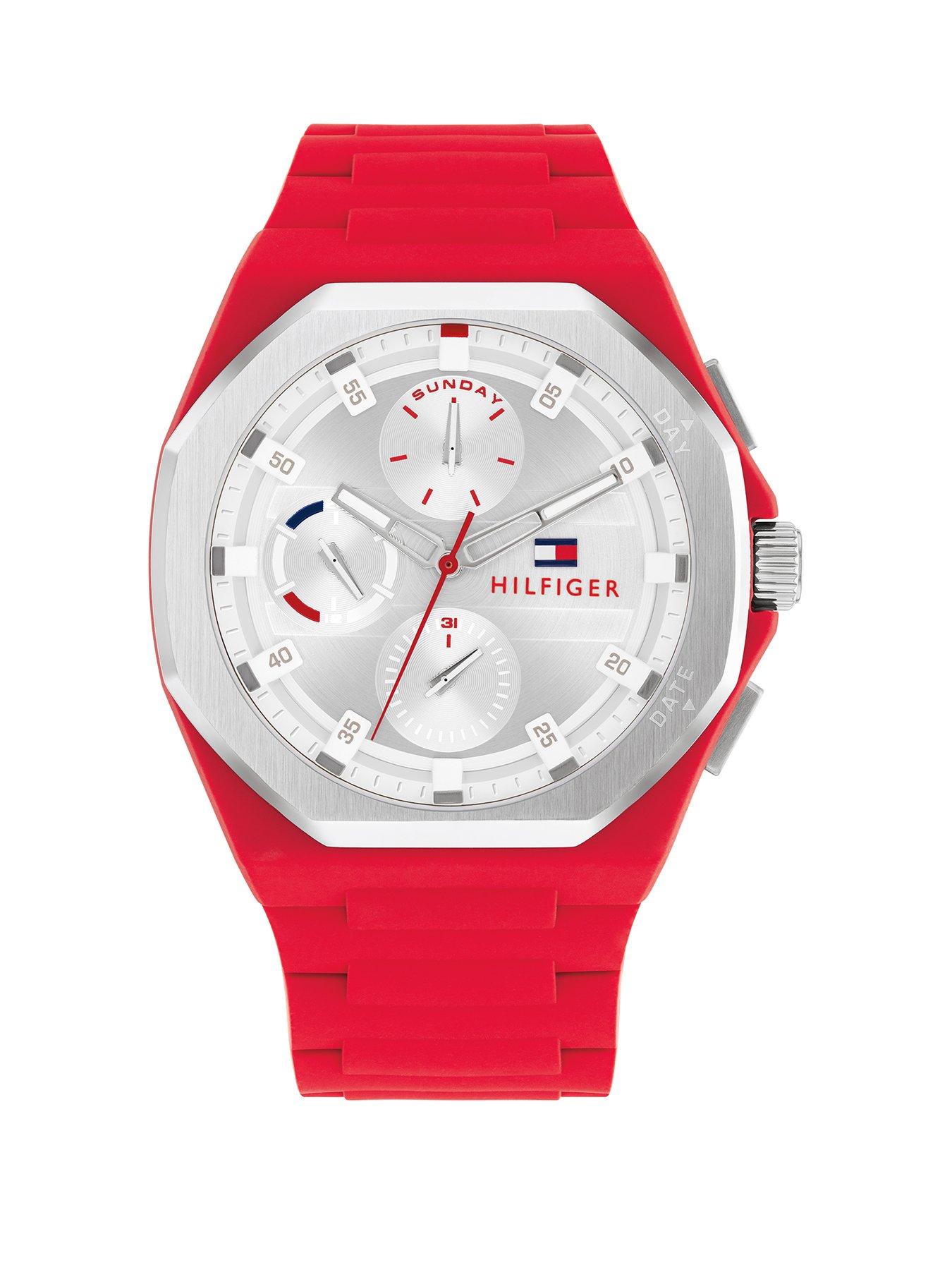 Product photograph of Tommy Hilfiger Red Men S Silicone Strap Watch from very.co.uk