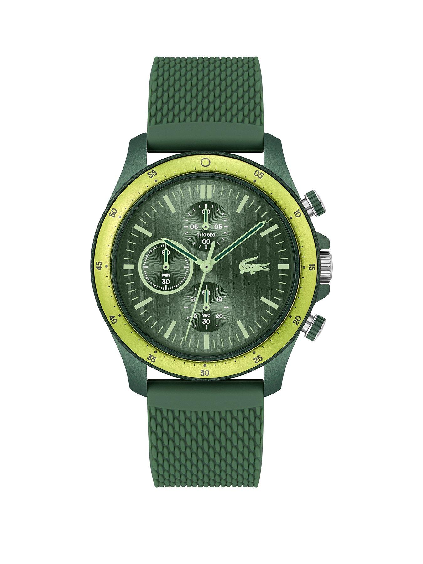 Product photograph of Lacoste Men S 42mm Neoheritage Green Dial Watch On A Green Silicone Mesh Textured Strap from very.co.uk