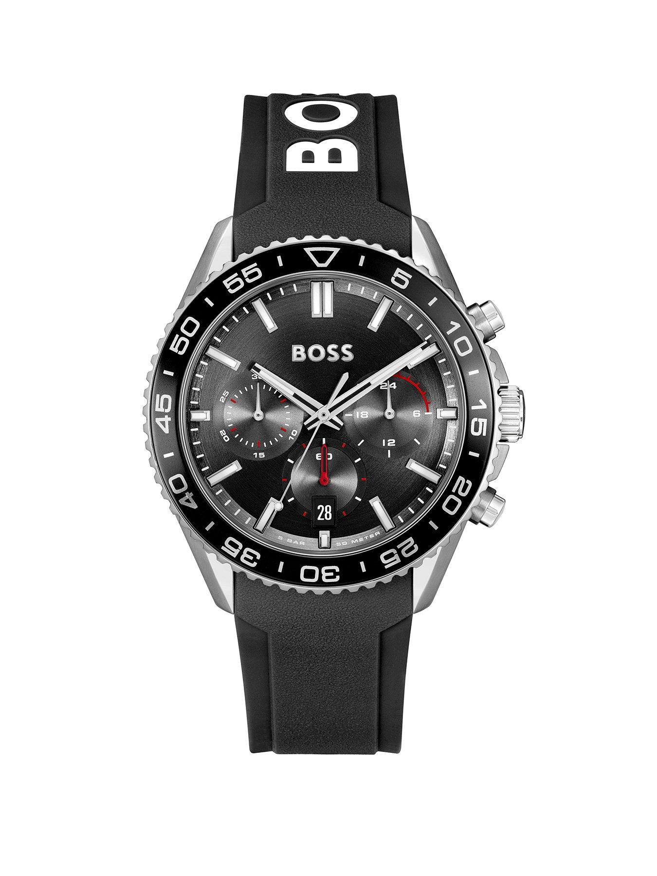 Product photograph of Boss Gents Runner Chronograph Black Silicone Strap Watch from very.co.uk