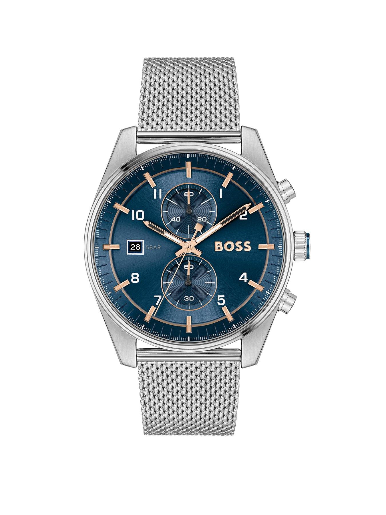 Product photograph of Boss Gents Skytraveller Chronograph Mesh Bracelet Watch from very.co.uk