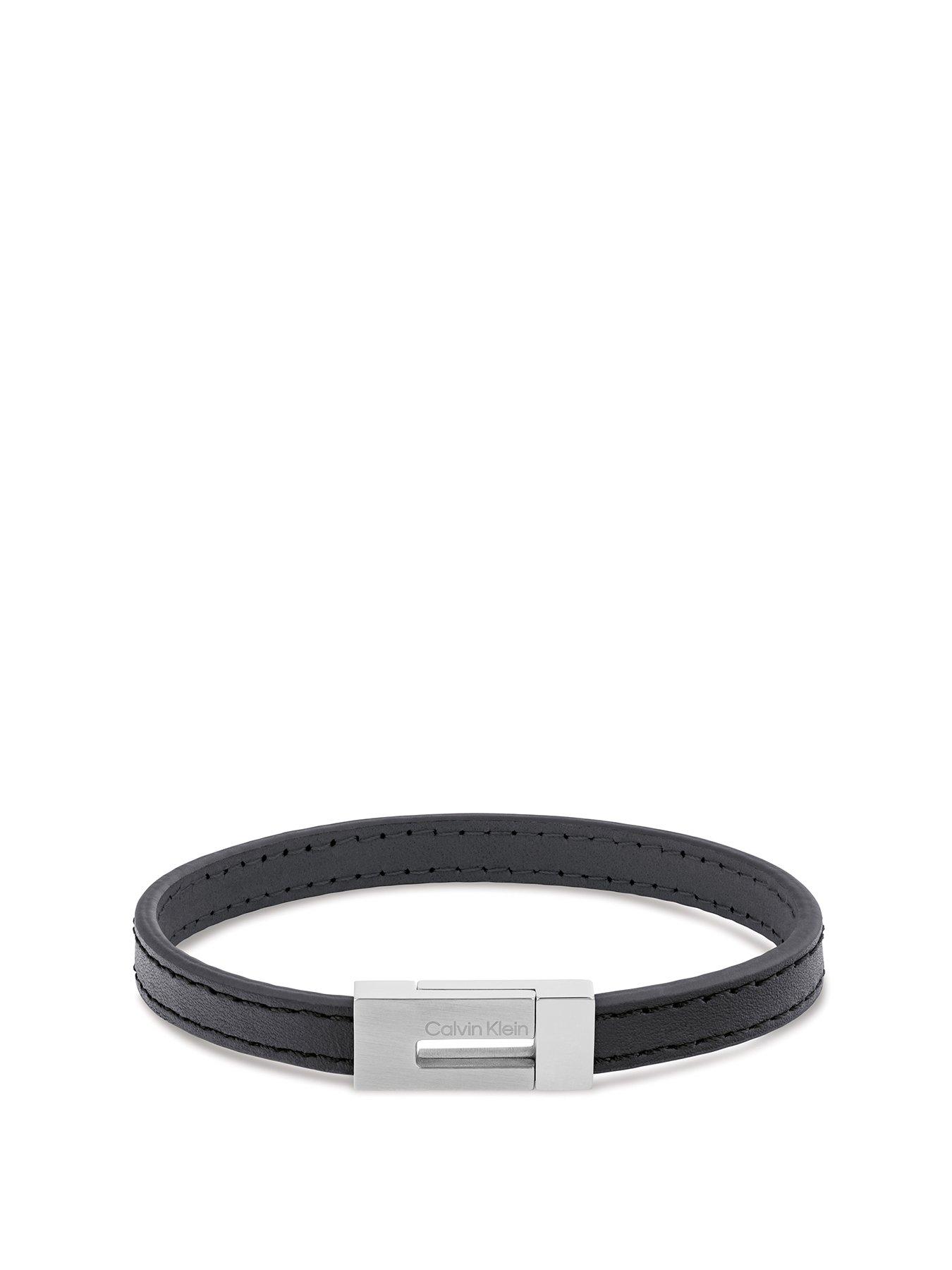 Product photograph of Calvin Klein Men S Calvin Klein Stainless Steel And Black Leather Bracelet from very.co.uk