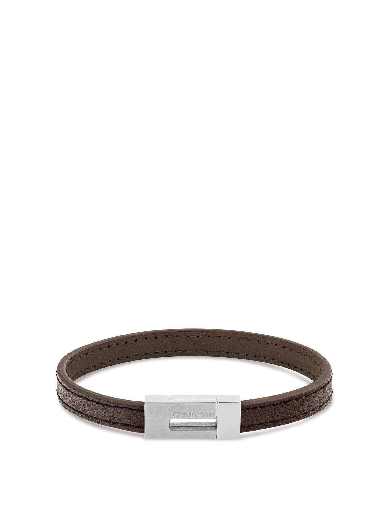 Product photograph of Calvin Klein Men S Calvin Klein Stainless Steel And Brown Leather Bracelet from very.co.uk