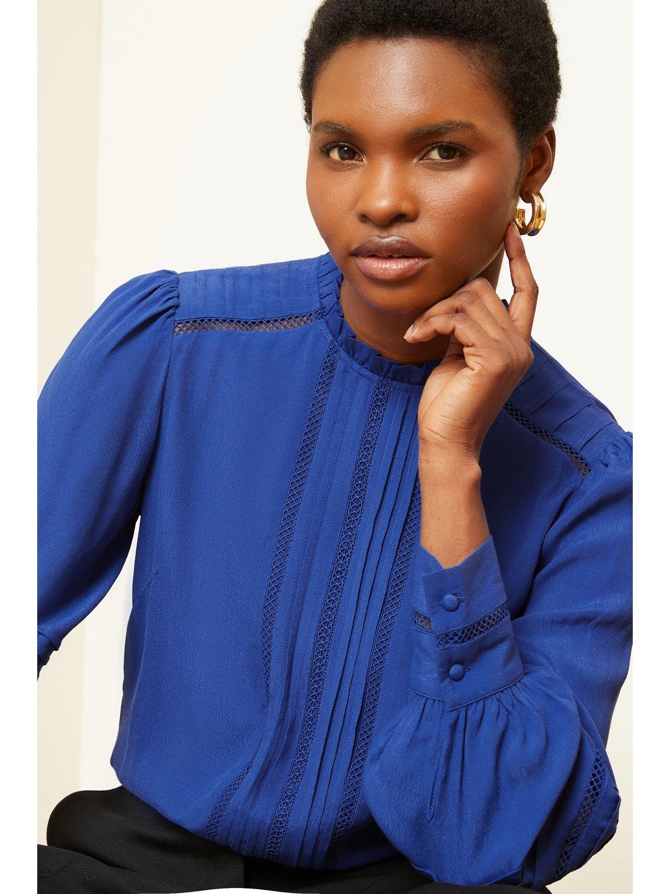 Love Roses Pintuck Detail High Neck Blouse Blue Very