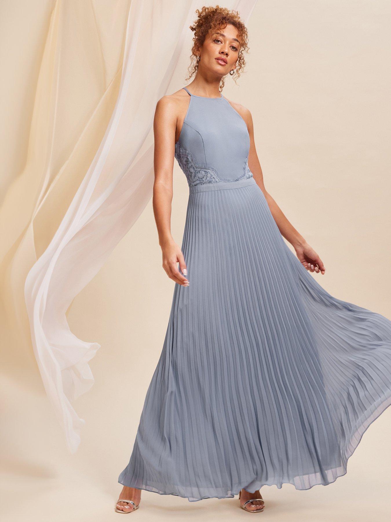 Love & Roses Blue Back Detail Halter Lace Pleated Maxi Dress - Blue