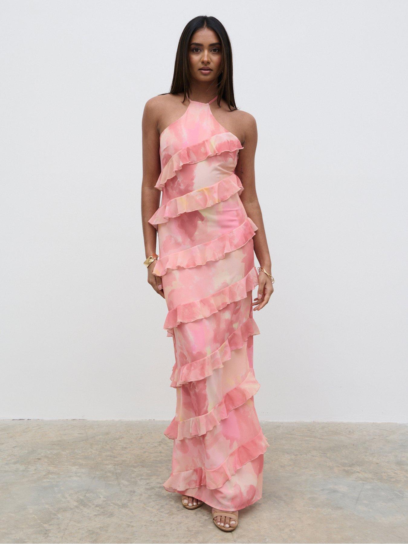 Pretty Lavish: Katy Printed Ruffle Maxi Dress - Pink