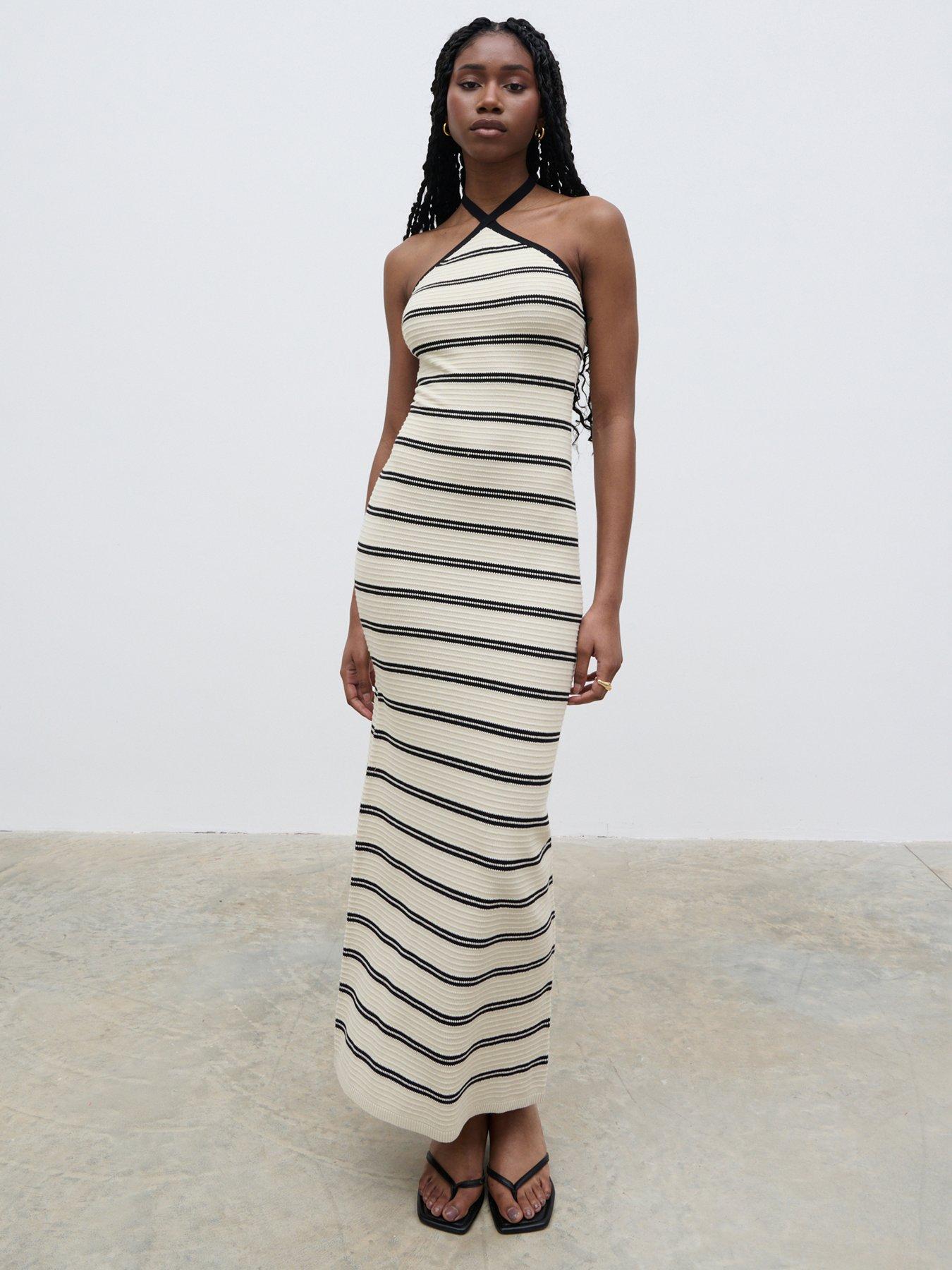 undefined Octavia Stripe Halter Neck Maxi Dress - Cream/Black