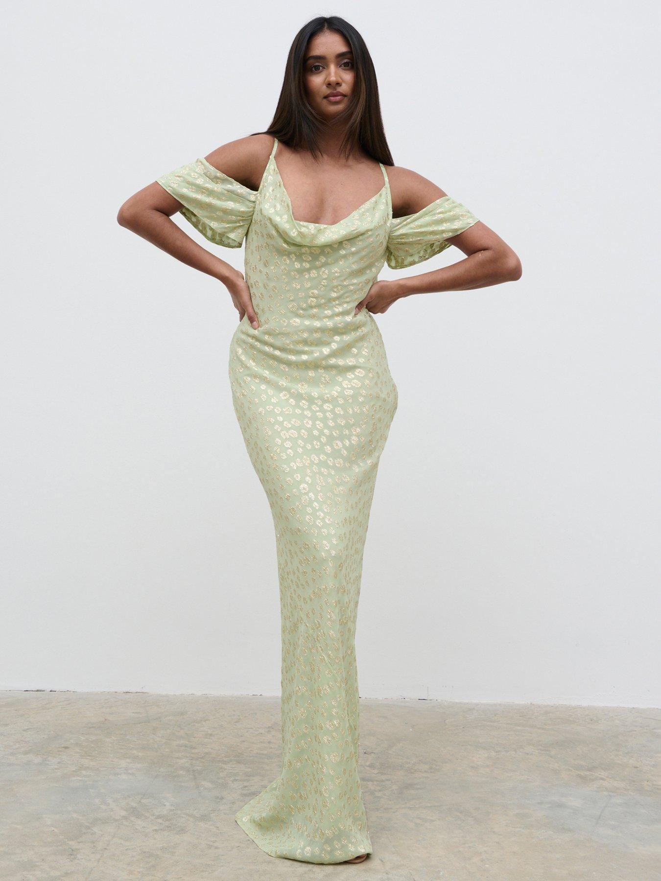 undefined Nia Draped Cold Shoulder Maxi Dress - Pistachio