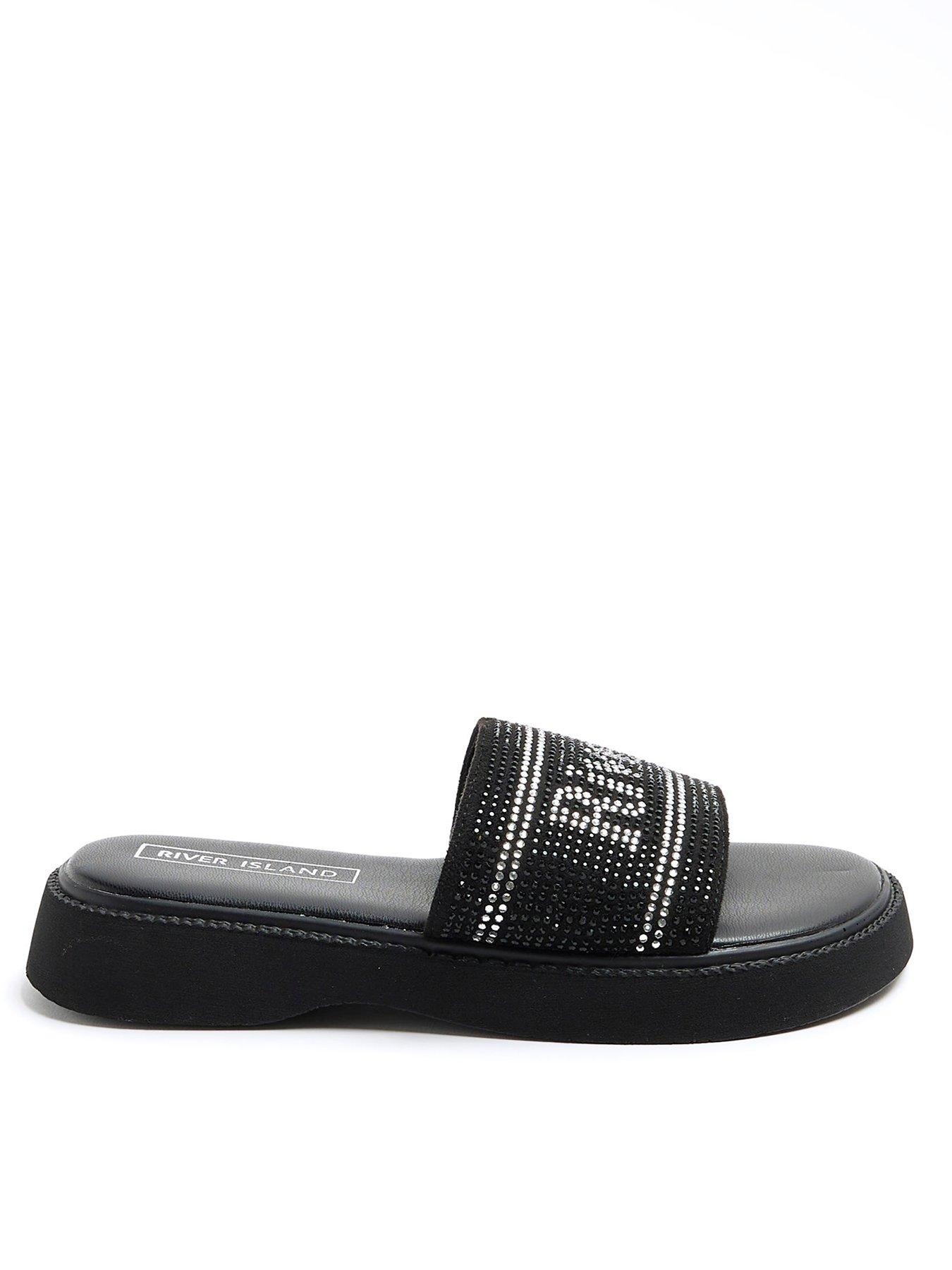 Girls Diamante Flatform Sandals Black