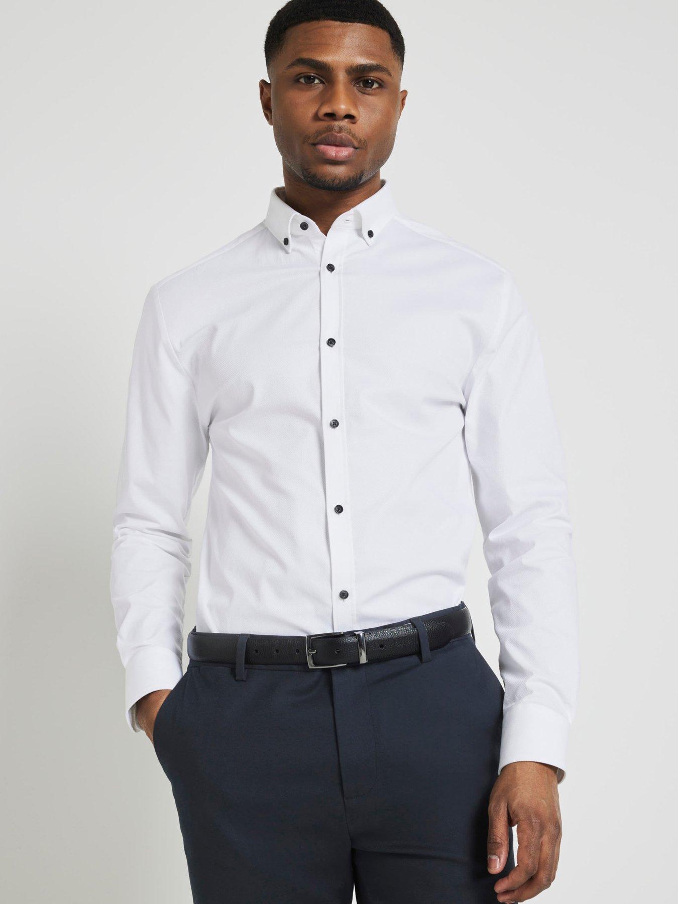 Mens white shirt with black buttons best sale