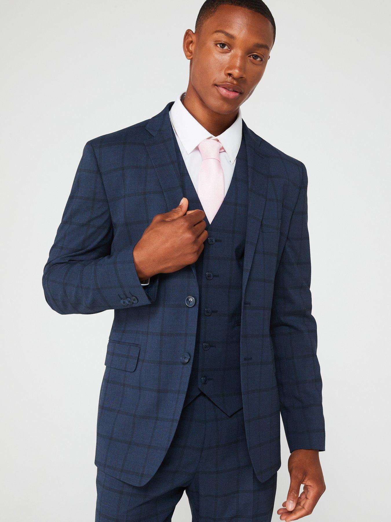 undefined Slim Fit Check Suit Jacket - Navy