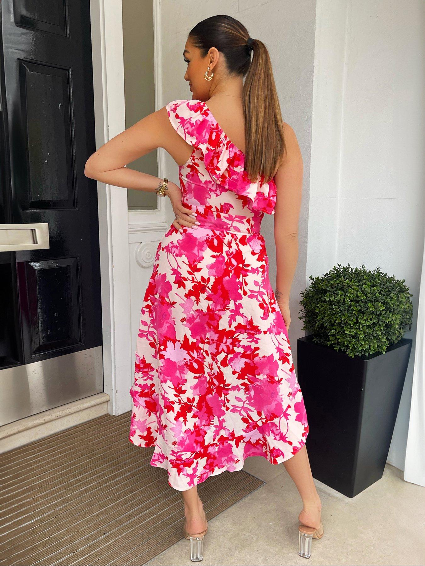 AX Paris Pink Floral One Shoulder Frill Detail Dipped Hem Dress | Very ...