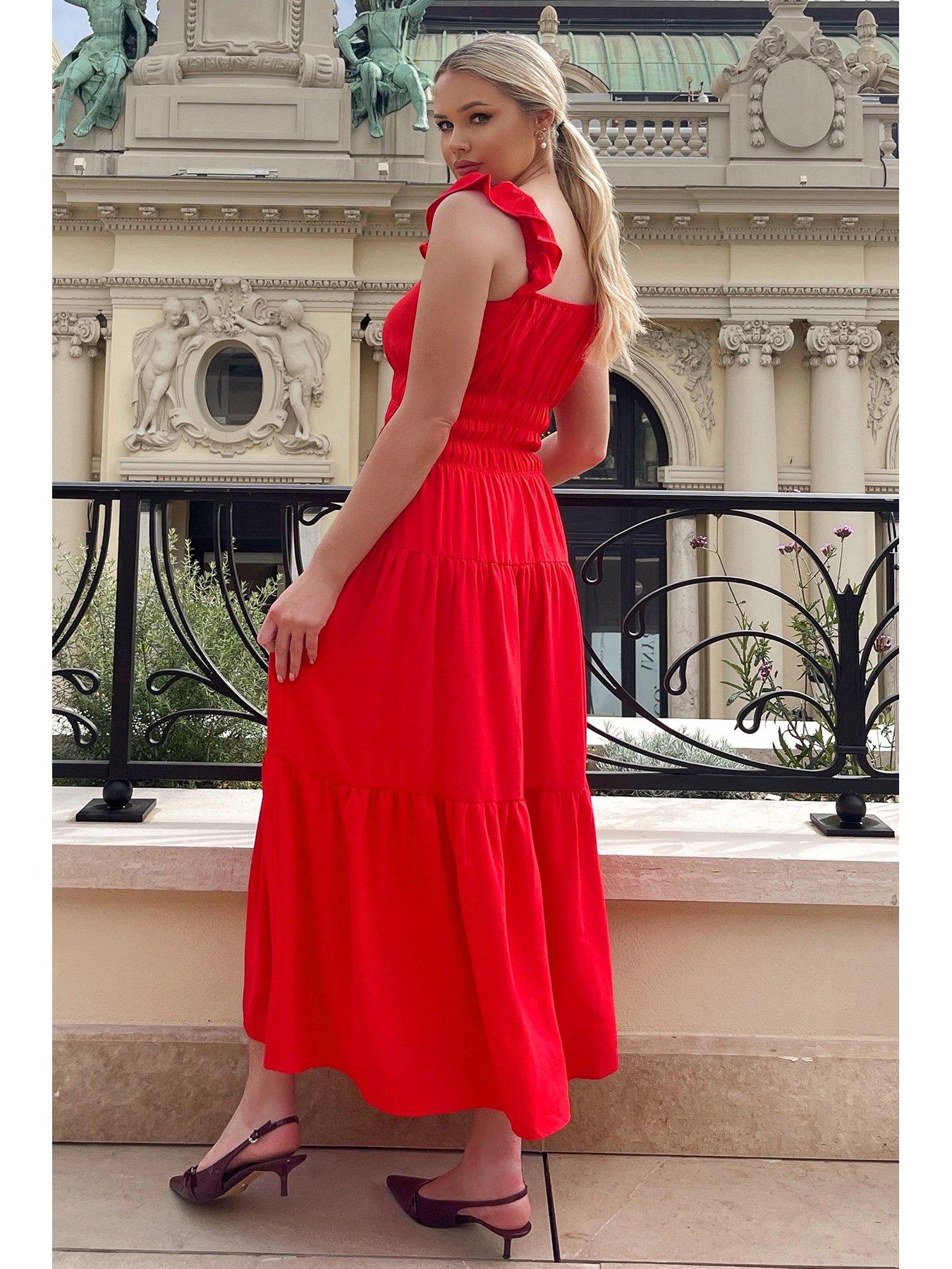 The Adelynn Tiered Frill Neck Midi Dress