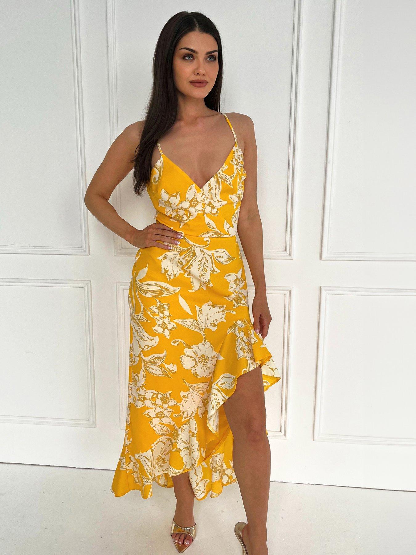 AX Paris Floral Printed Strappy High Low Frill Hem Midi Dress - Yellow |  Very.co.uk