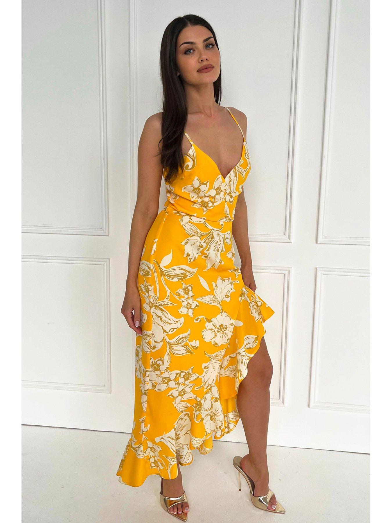 Floral Printed Strappy High Low Frill Hem Midi Dress Yellow