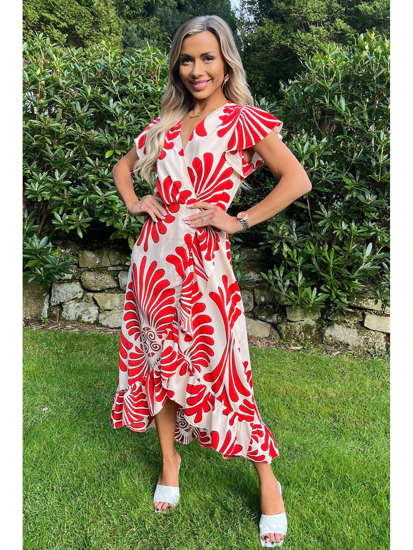 AX Paris Abstract Print Wrap Over High Low Frill Hem Midi Dress - Burnt ...