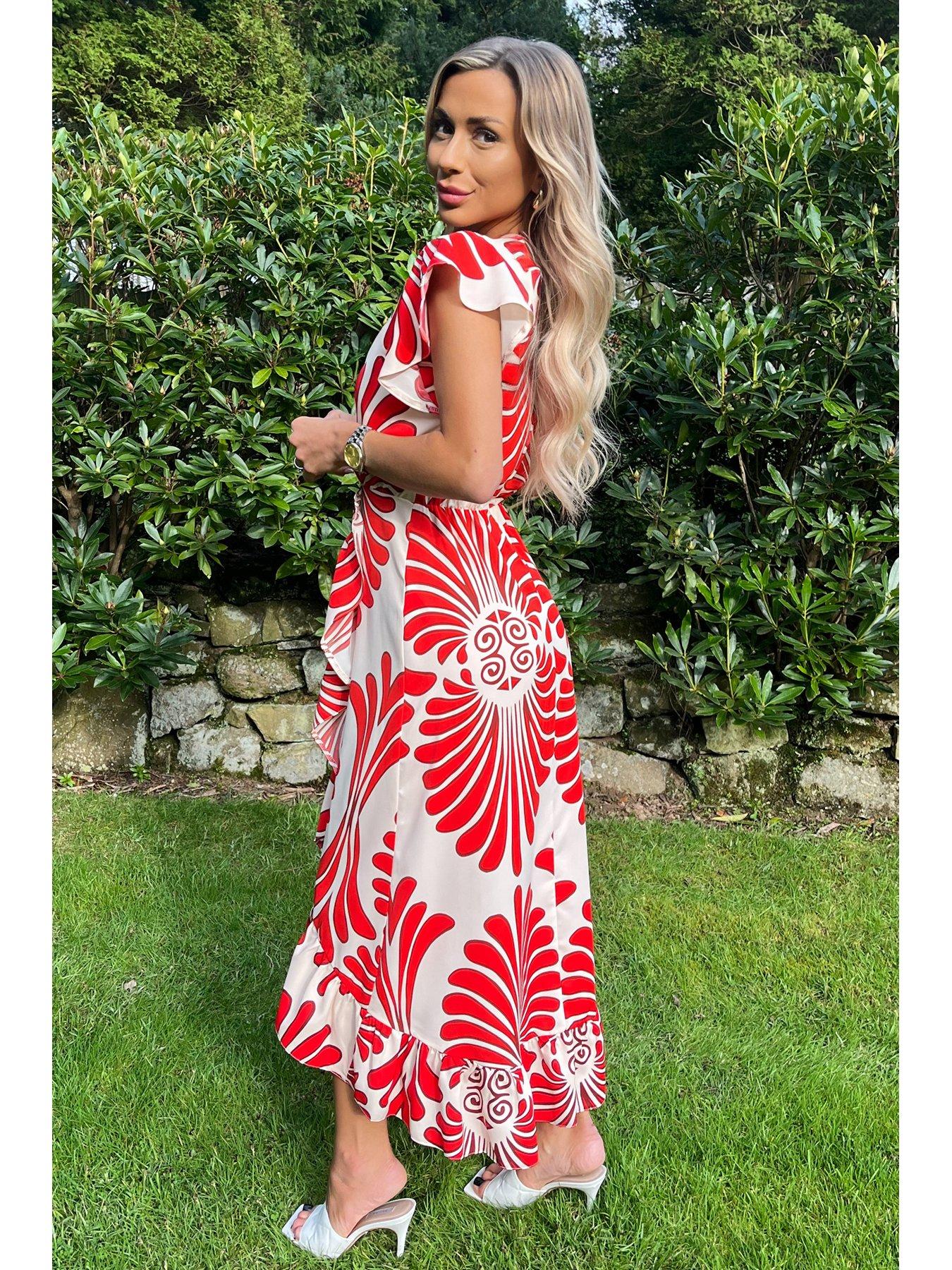 AX Paris Abstract Print Wrap Over High Low Frill Hem Midi Dress - Burnt  Orange | Very.co.uk