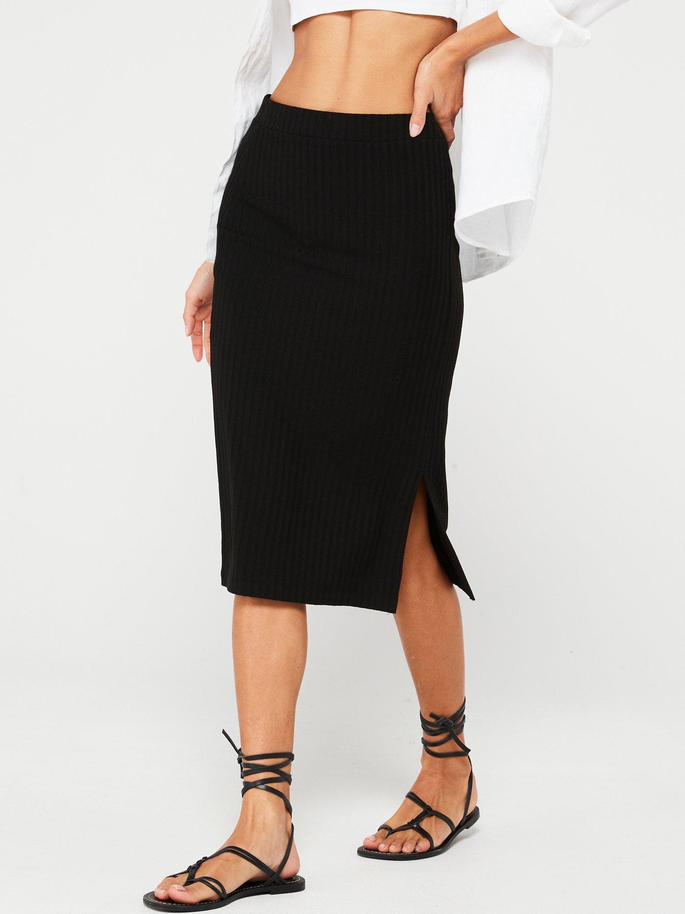 Vila High Waisted Ribbed Midi Skirt Black Very