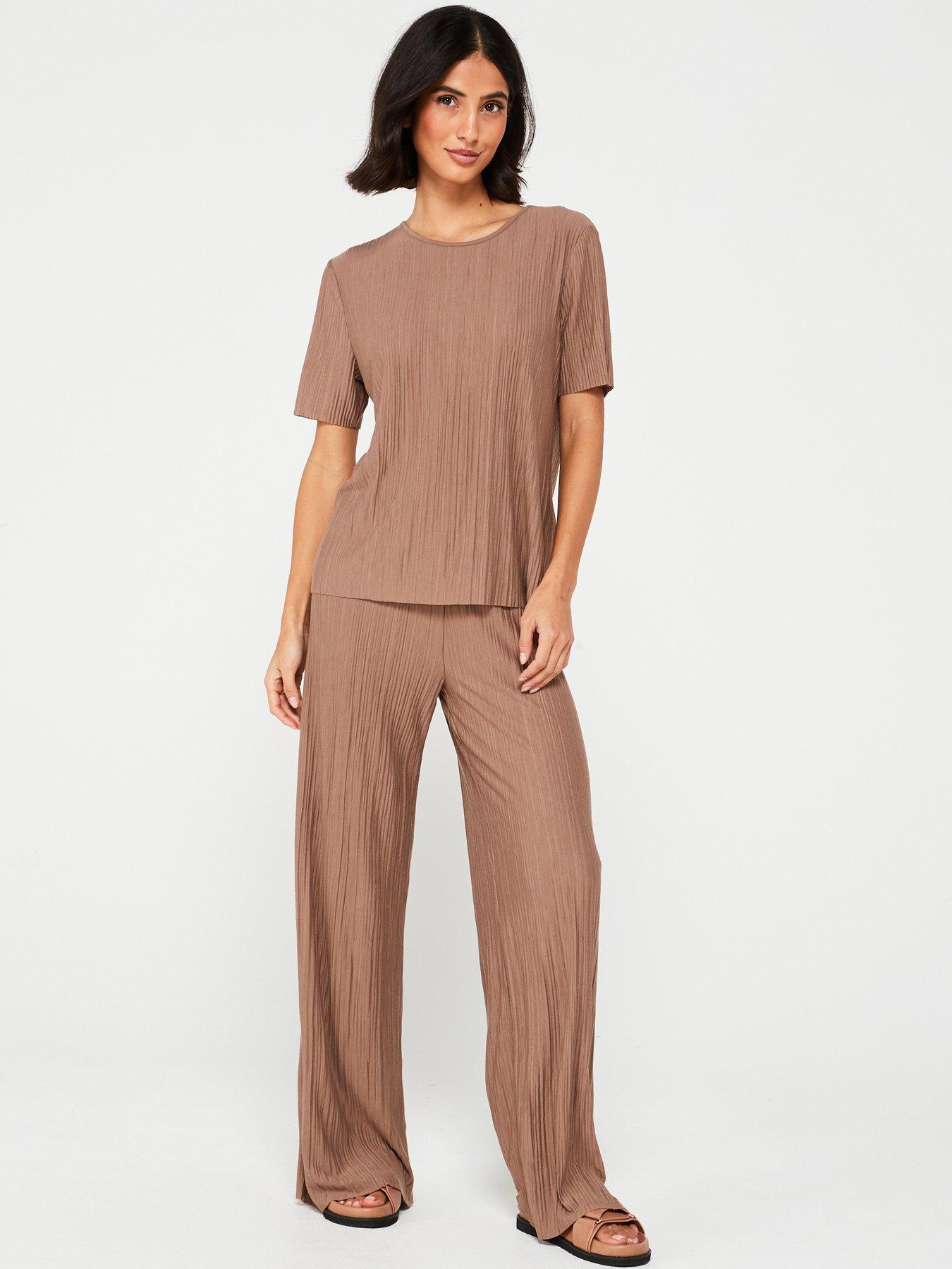 vila-high-waist-plisse-trouser-brown