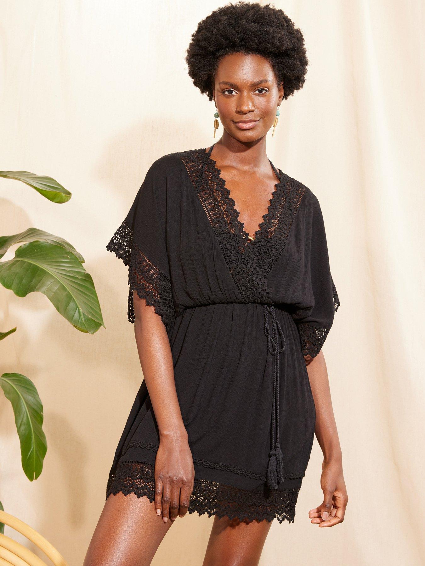 Lace Trim Kaftan Black