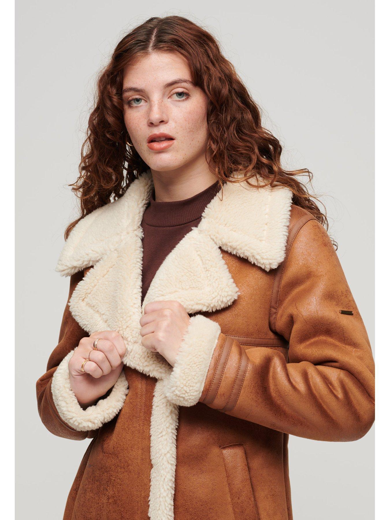 Superdry Faux Shearling Mid Jacket - Brown | Very.co.uk