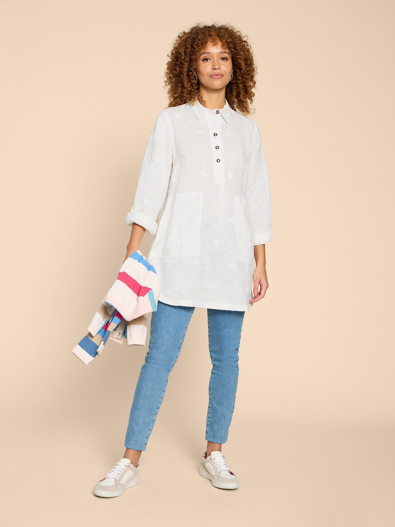 Shell-Embellished Linen Tunic Top