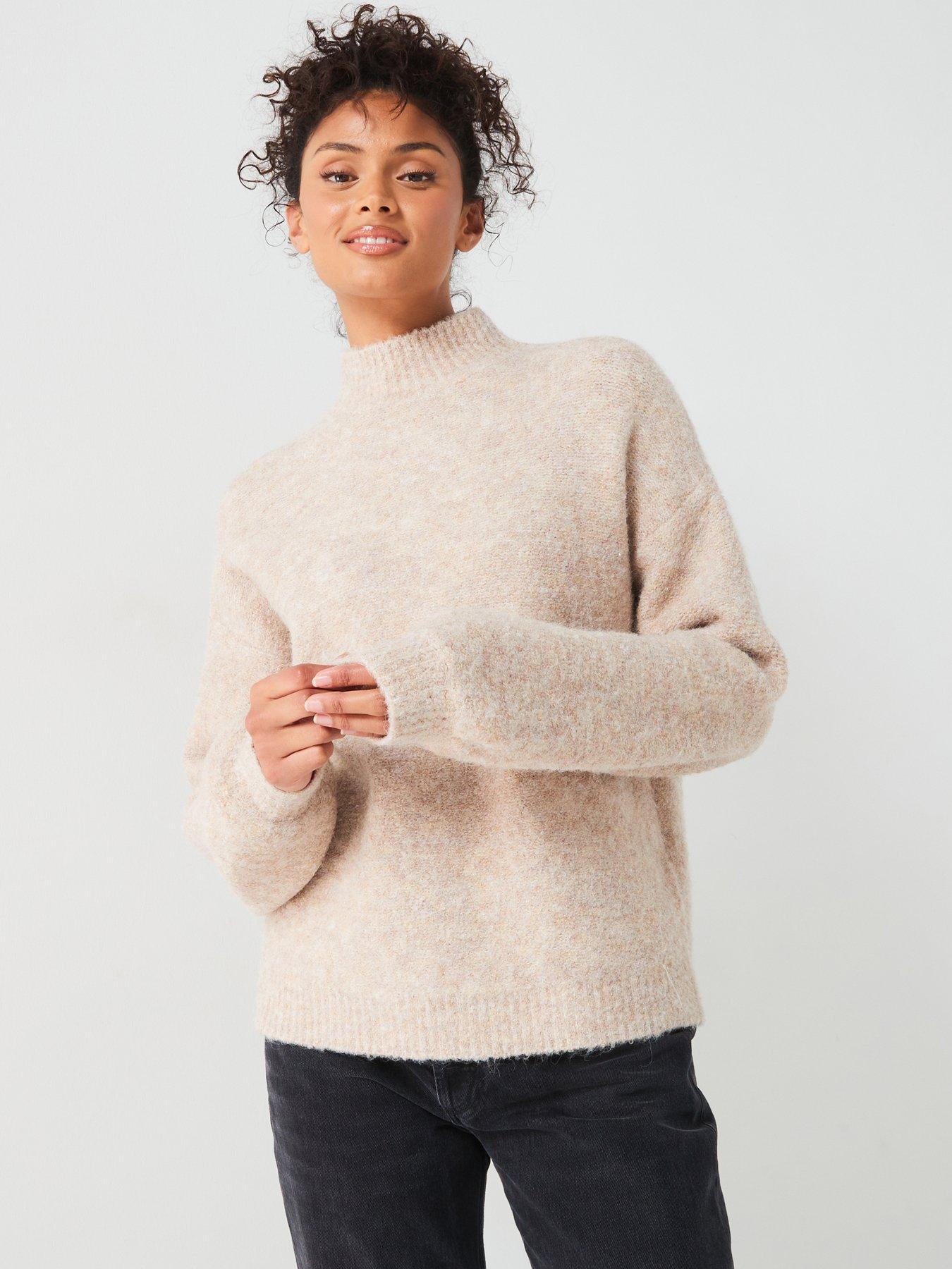 undefined Funnel Neck Balloon Sleeve Jumper with Wool  - Neutral