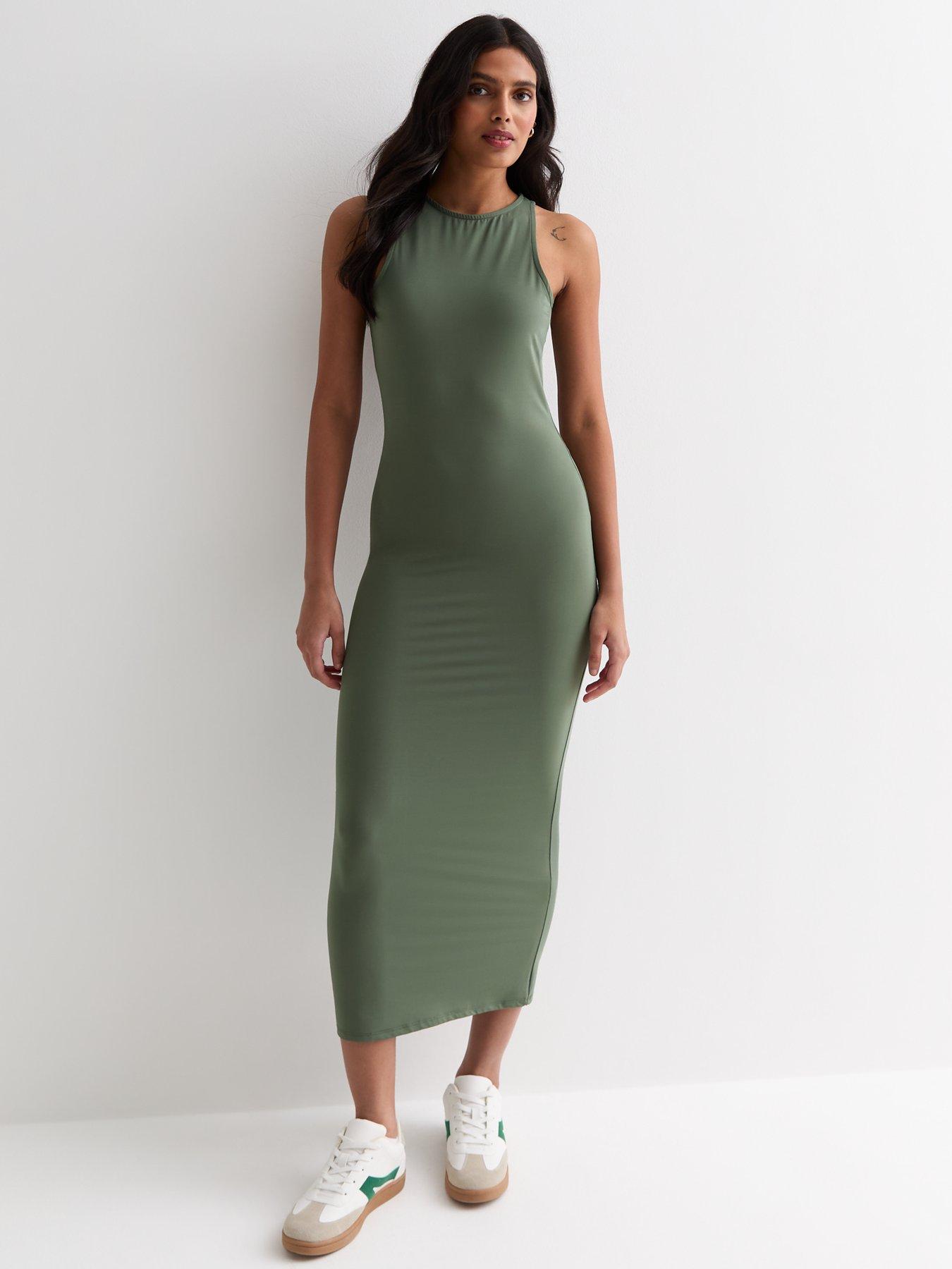 Khaki Slinky Racer Midi Dress