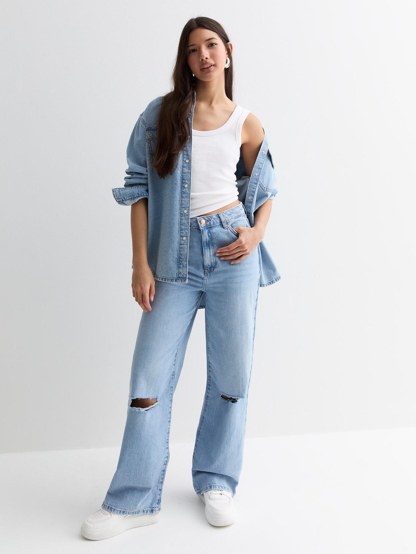 New Look Pale Blue Ripped Wide Leg Jeans | Very.co.uk