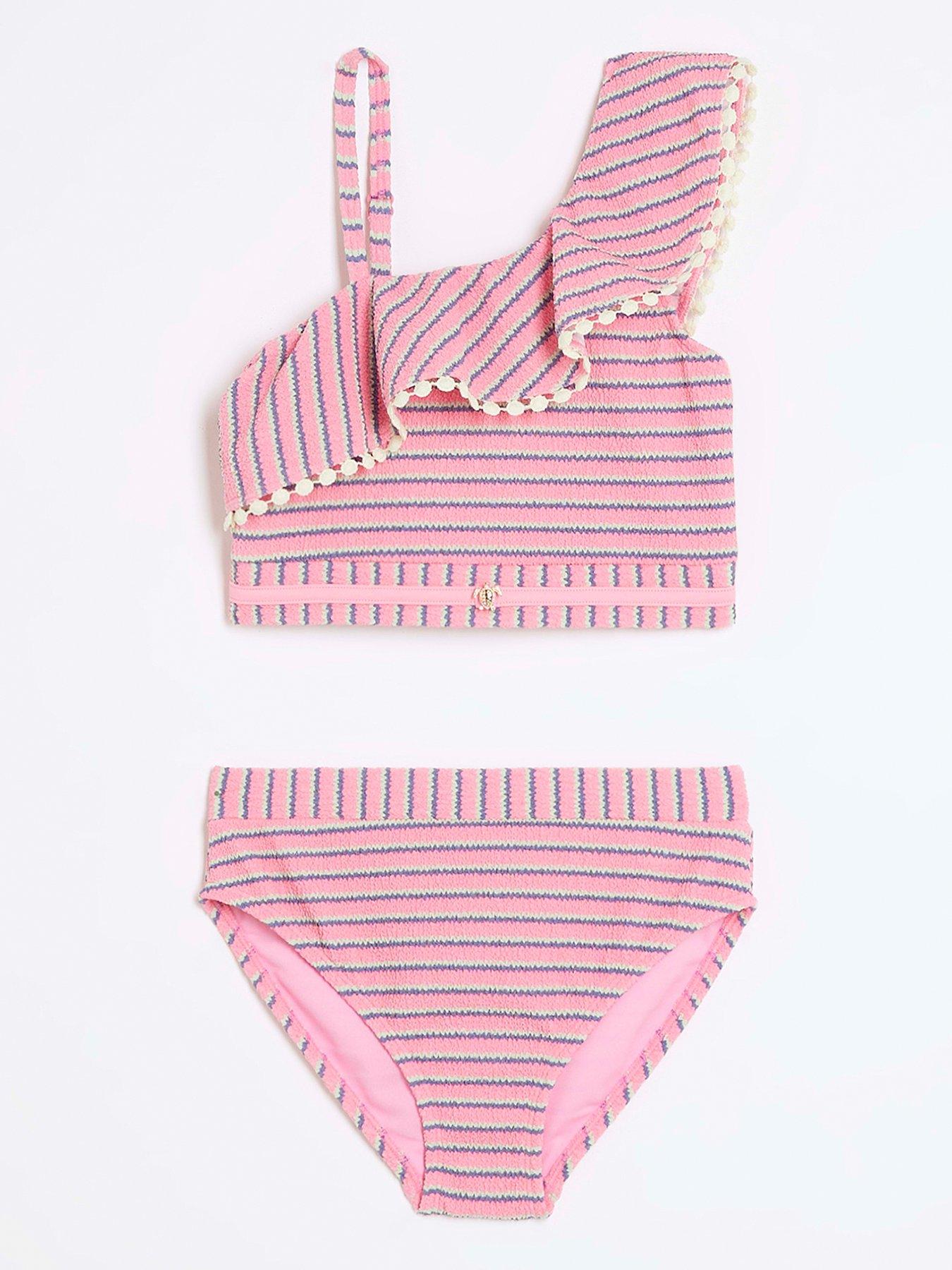 River Island Girls Striped Frill Bikini Set - Pink | Very.co.uk