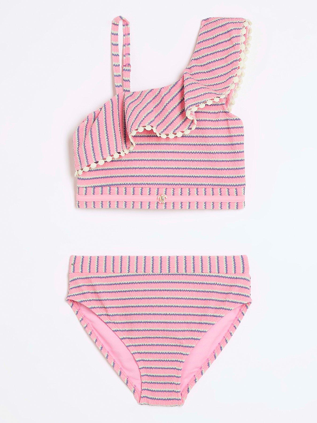 River Island Girls Striped Frill Bikini Set Pink Very.co.uk