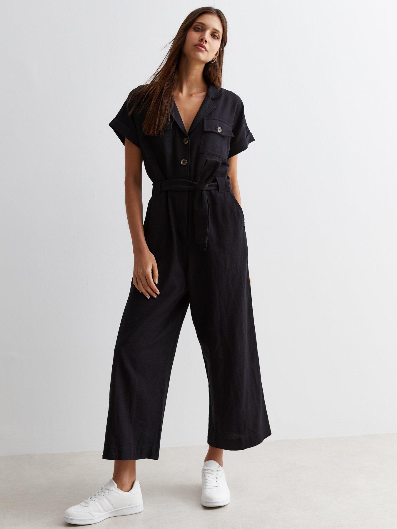 new look black short sleeve belted utility jumpsuit
