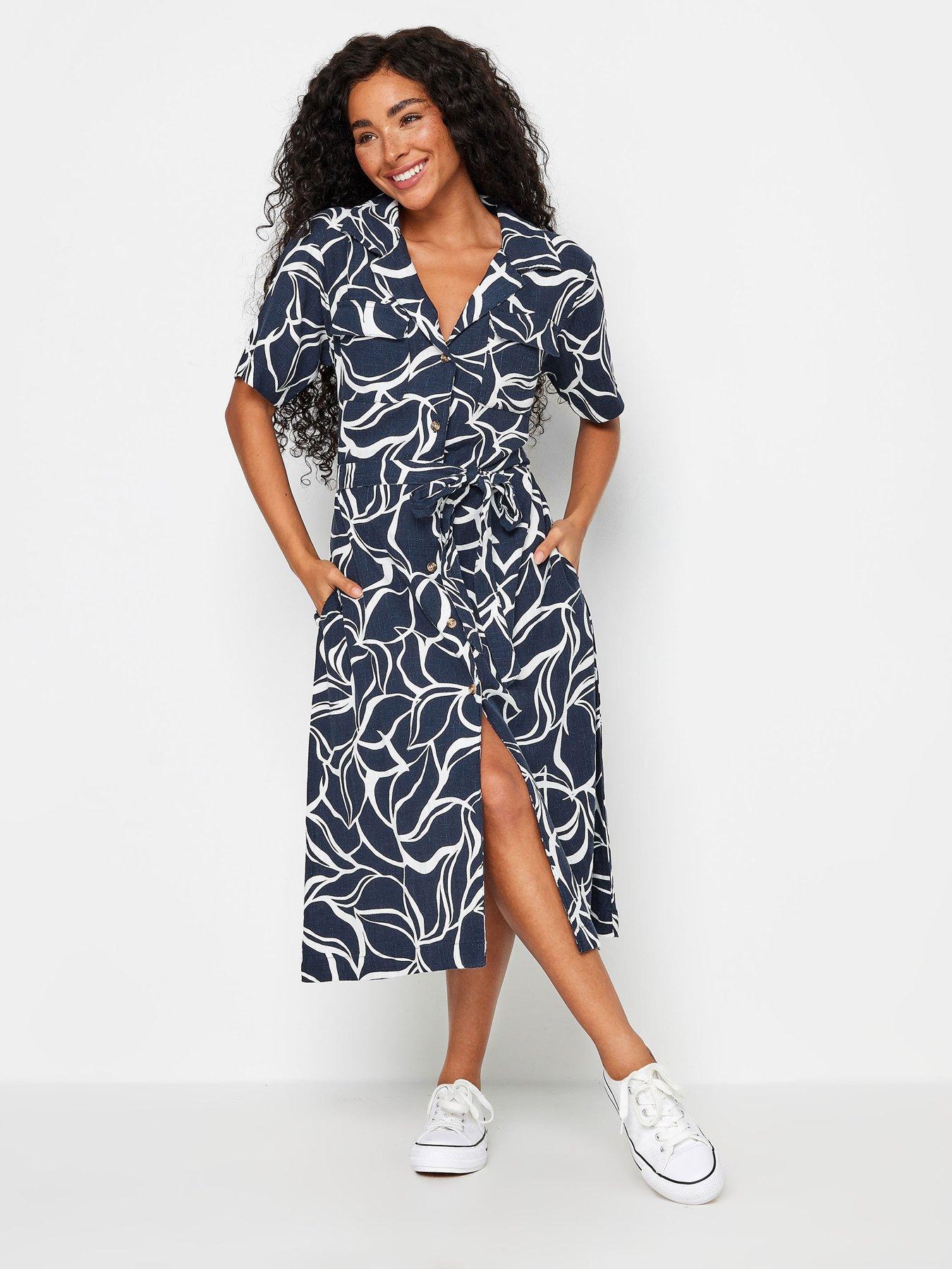 M Co Petite Petite Navy Big Markings Print Linen Shirt Dress Very