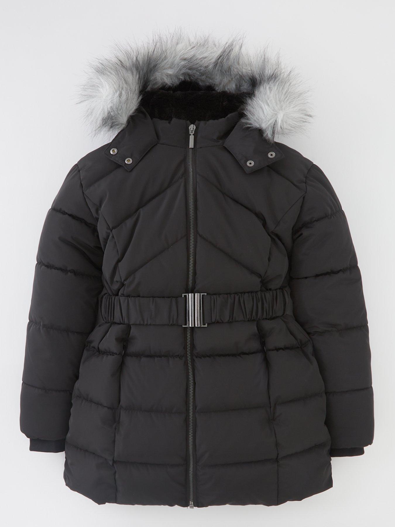 undefined Girls Quilted Back To School Longline Black Coat