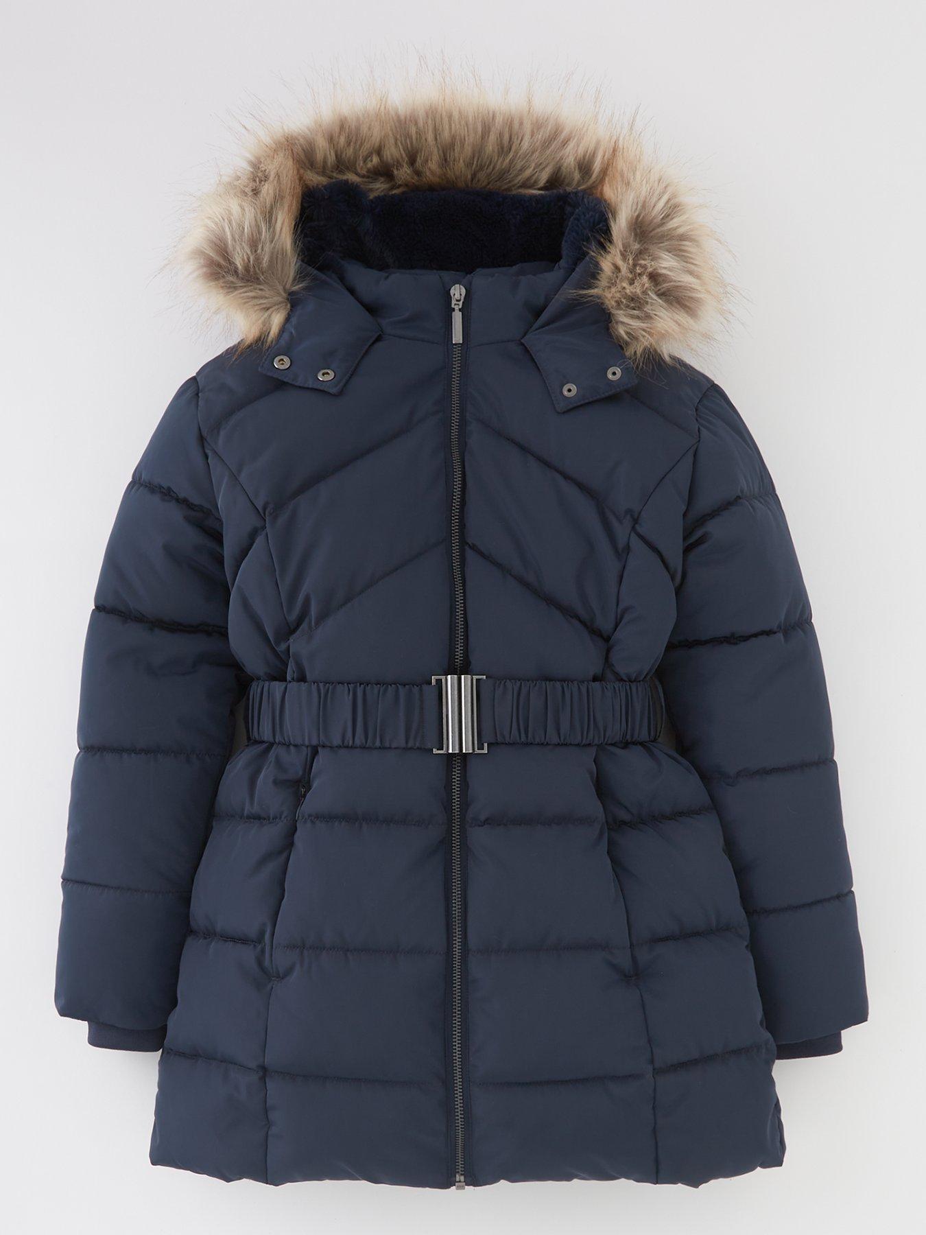 undefined Girls Quilted Back To School Longline Navy Coat