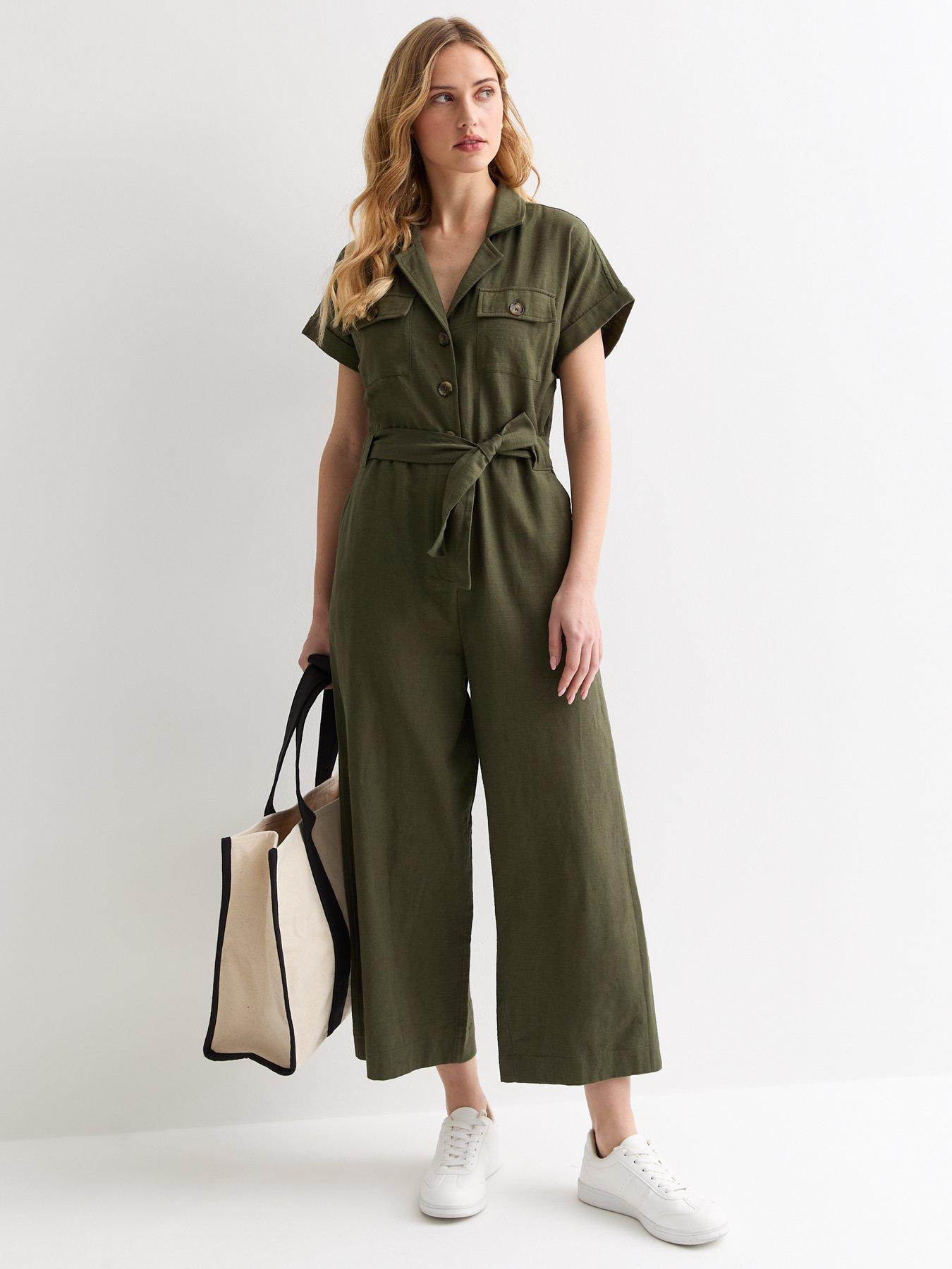 New Look Khaki Short Sleeve Belted Utility Jumpsuit | Very.co.uk