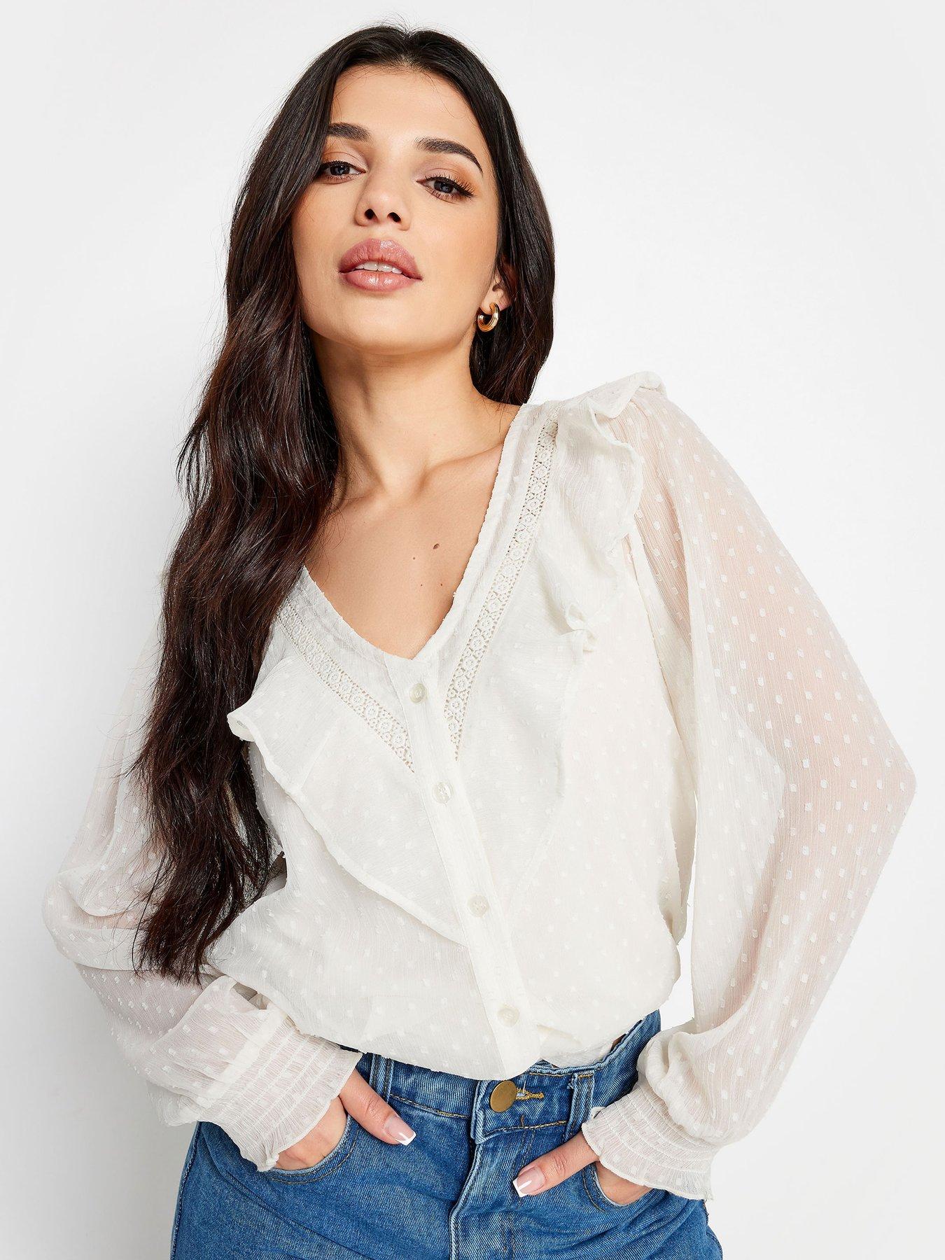 Image 1 of 4 of PixieGirl Petite Ivory Dobby Crochet Ls Blouse