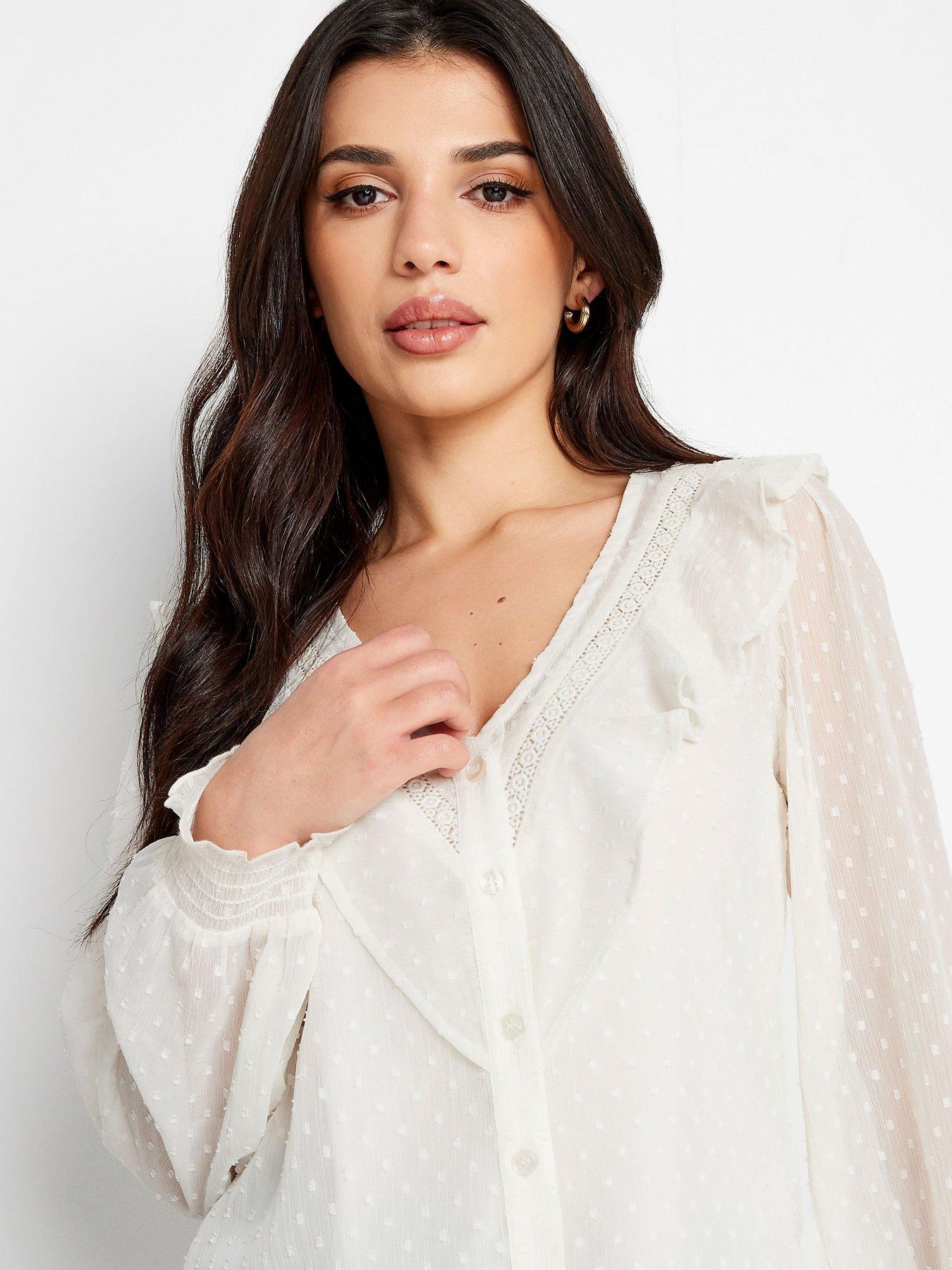 Image 4 of 4 of PixieGirl Petite Ivory Dobby Crochet Ls Blouse