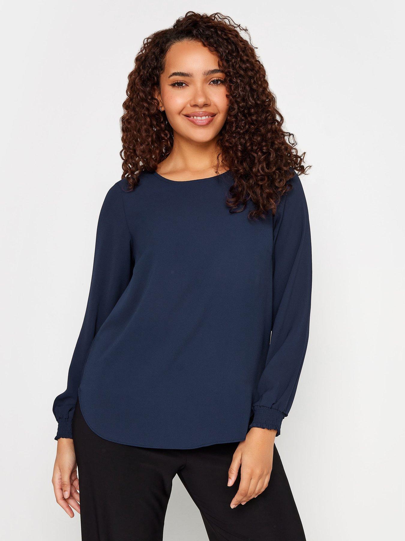 M&Co Plain Navy Shirred Cuff Long Sleeve Top | Very.co.uk 