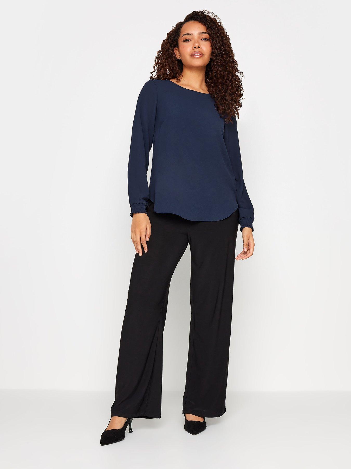 M&Co Plain Navy Shirred Cuff Long Sleeve Top | Very.co.uk
