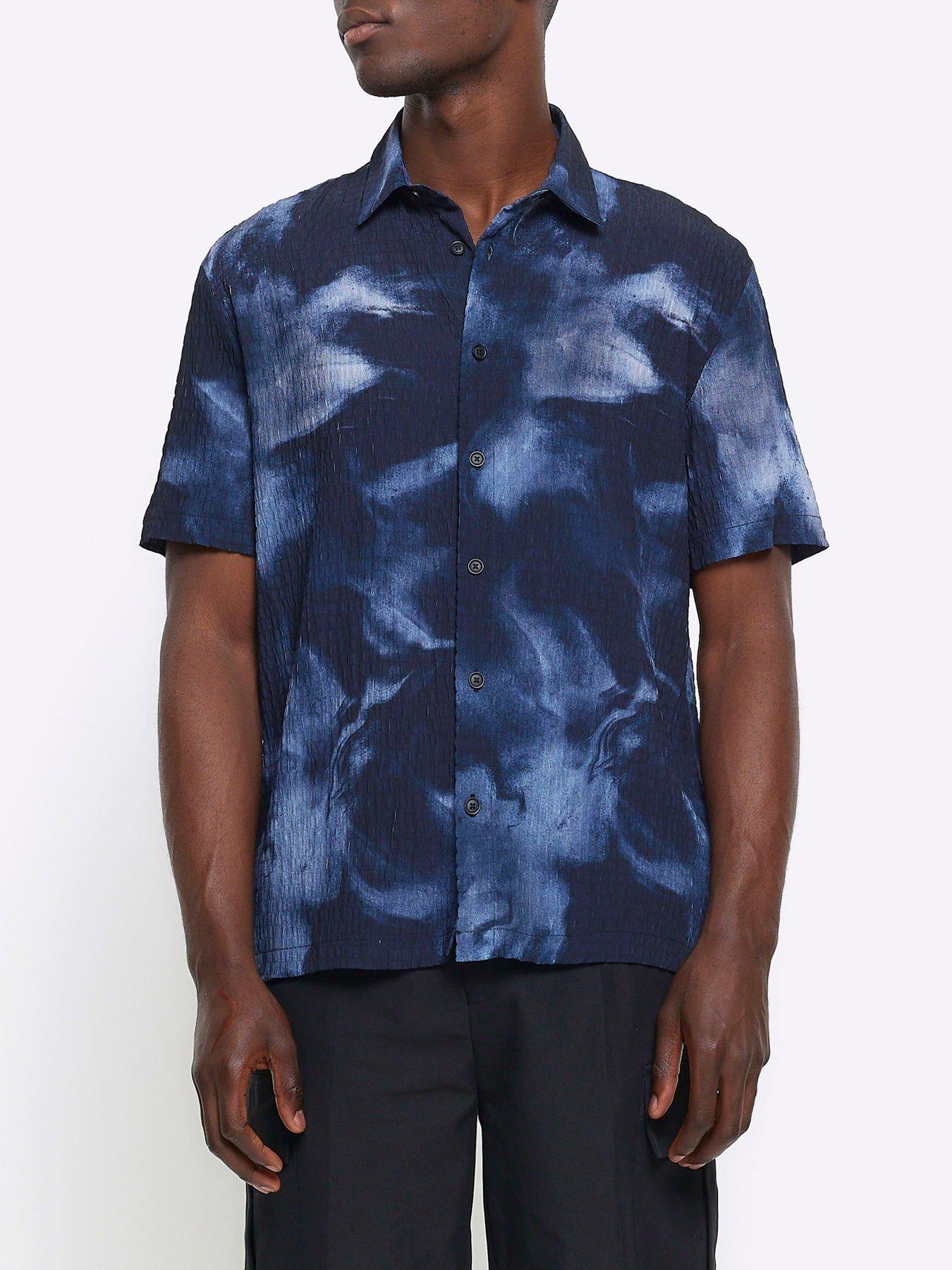 river island short sleeve inky texture shirt - navy