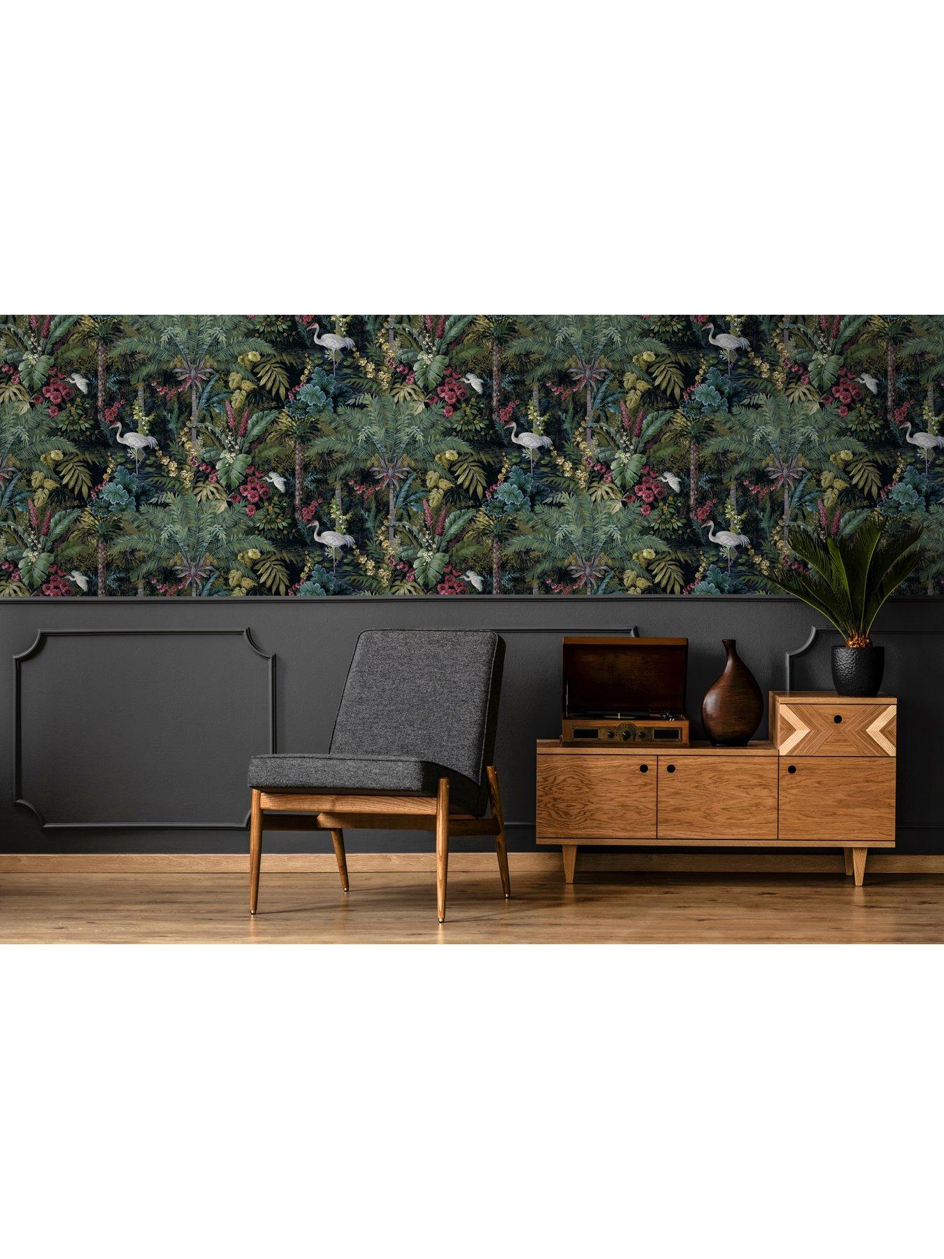 Jungle Paradise Cranes & Large Palm Trees Navy Blue Wallpaper 13180 | 13180