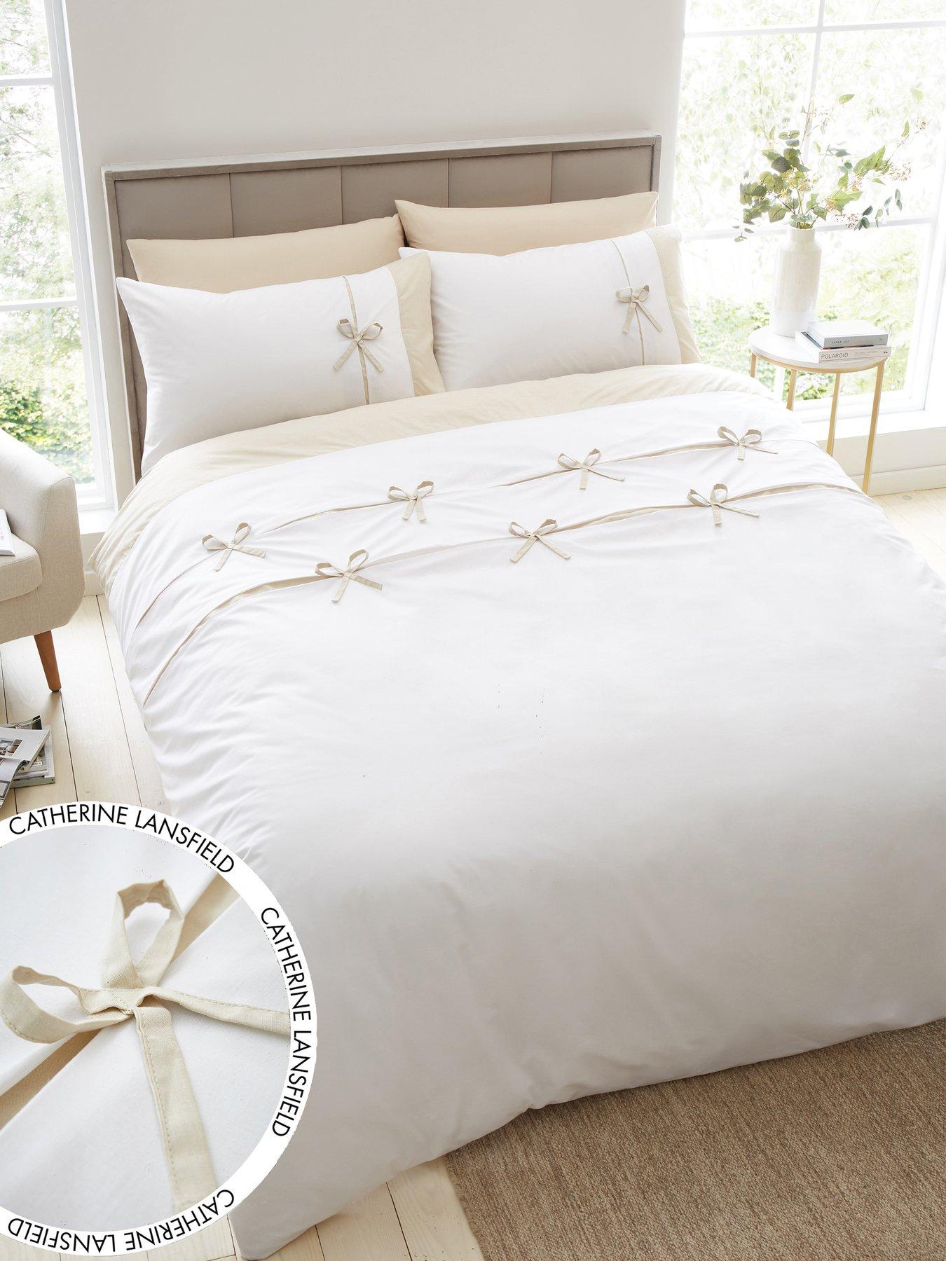 Product photograph of Catherine Lansfield Milo Bow Duvet Set - Db - Natural from very.co.uk