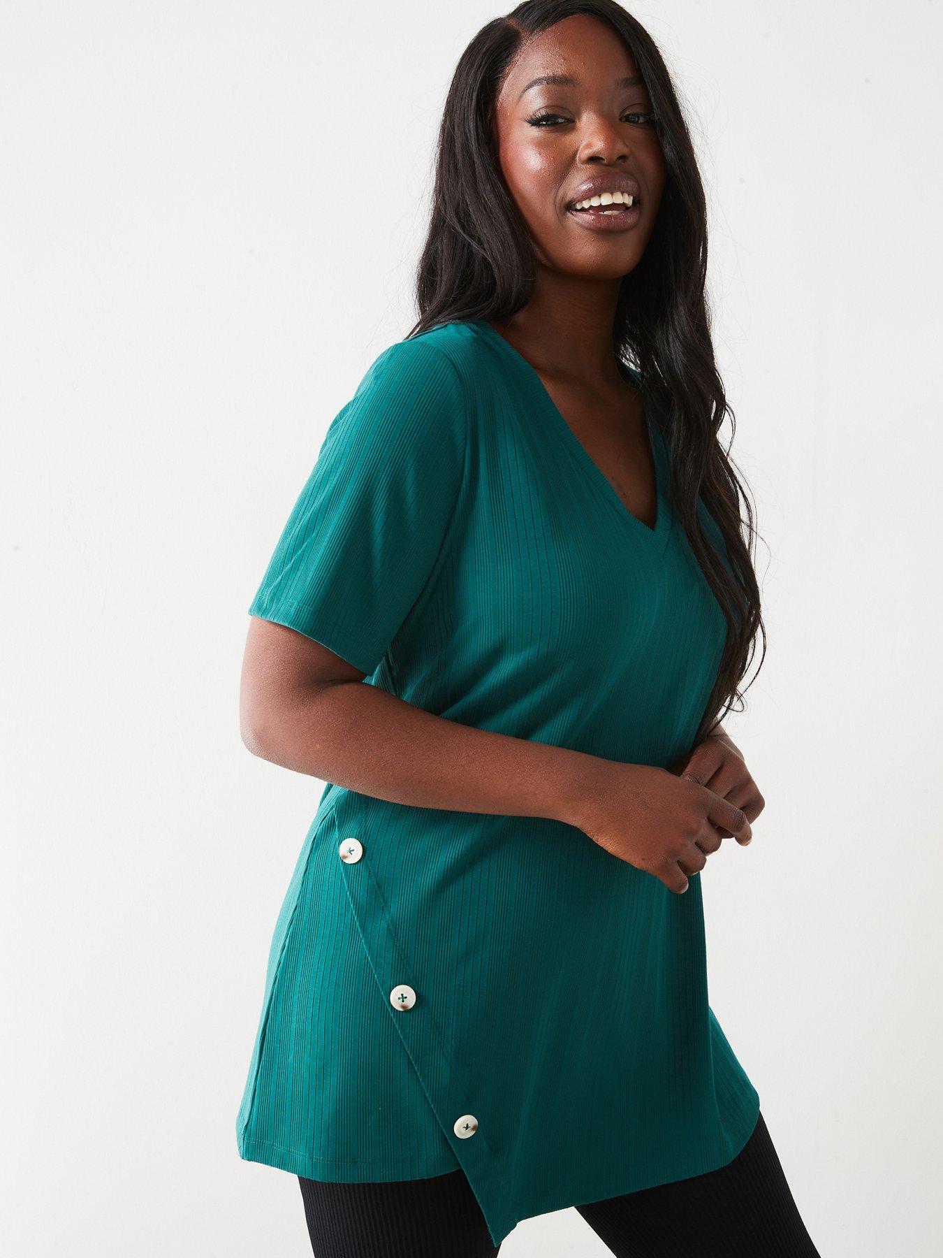 V By Very Curve Longline Button Asymmetric Hem T-Shirt - Green
