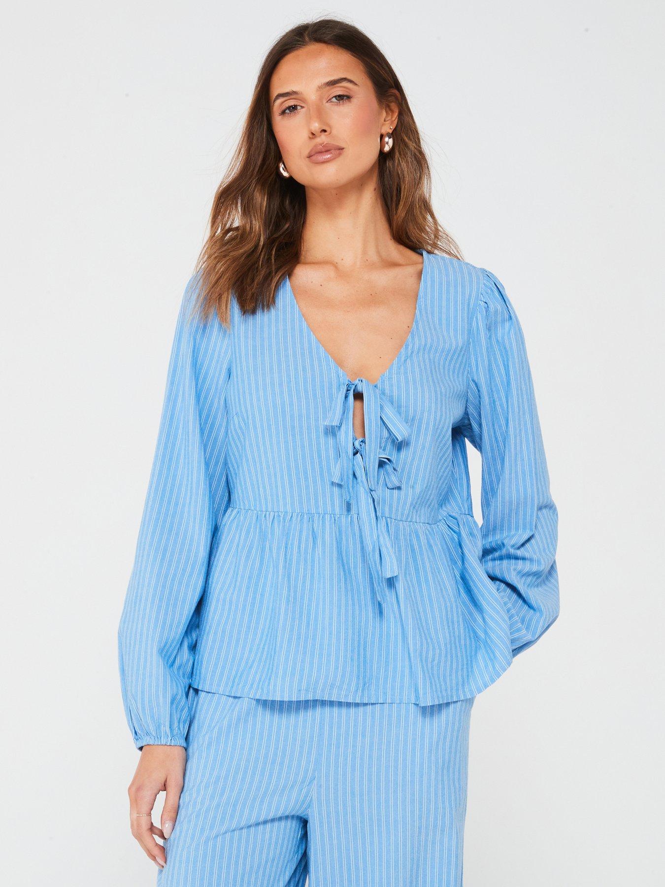 undefined Tie Front Peplum Top - Blue