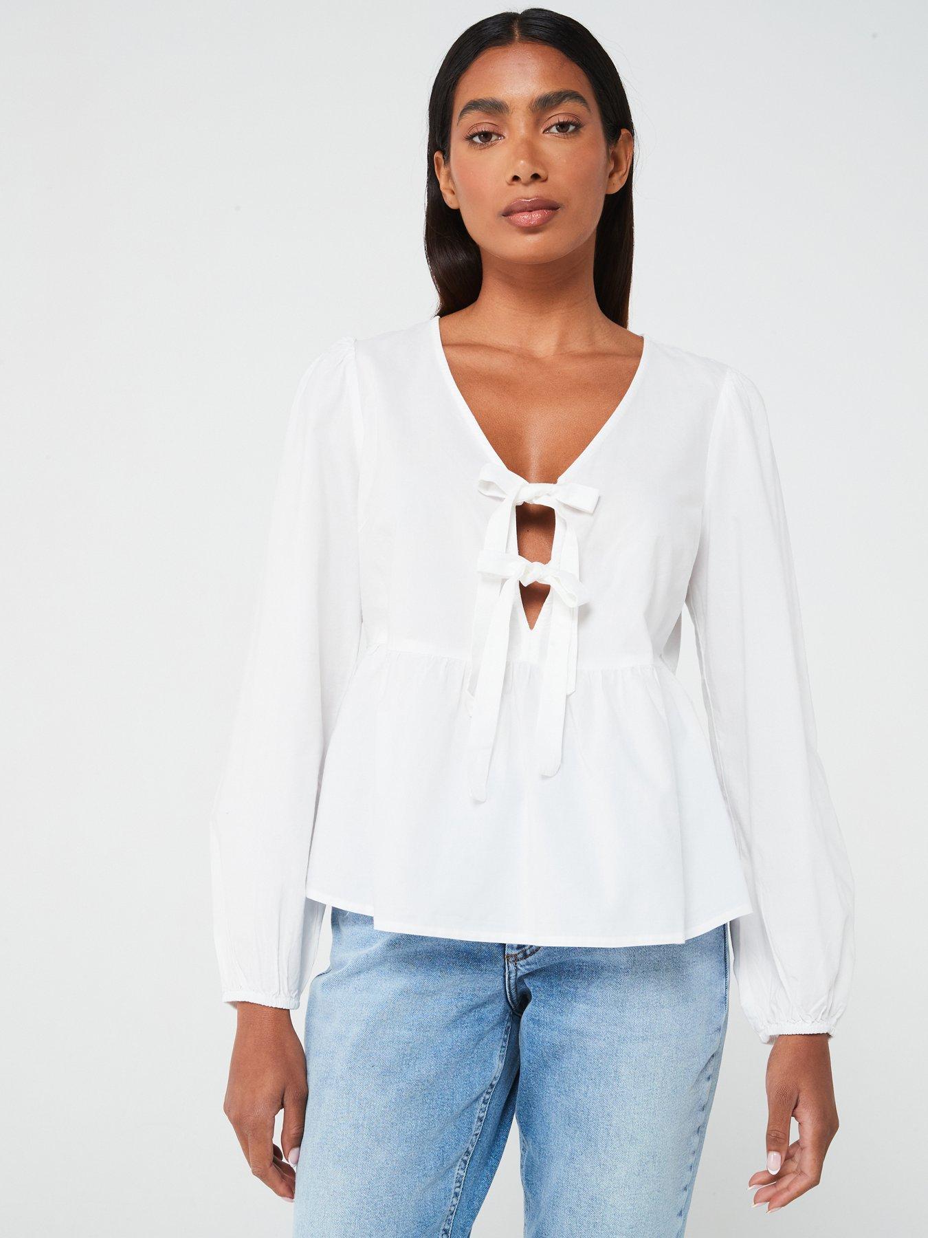 undefined Tie Front Peplum Top - White