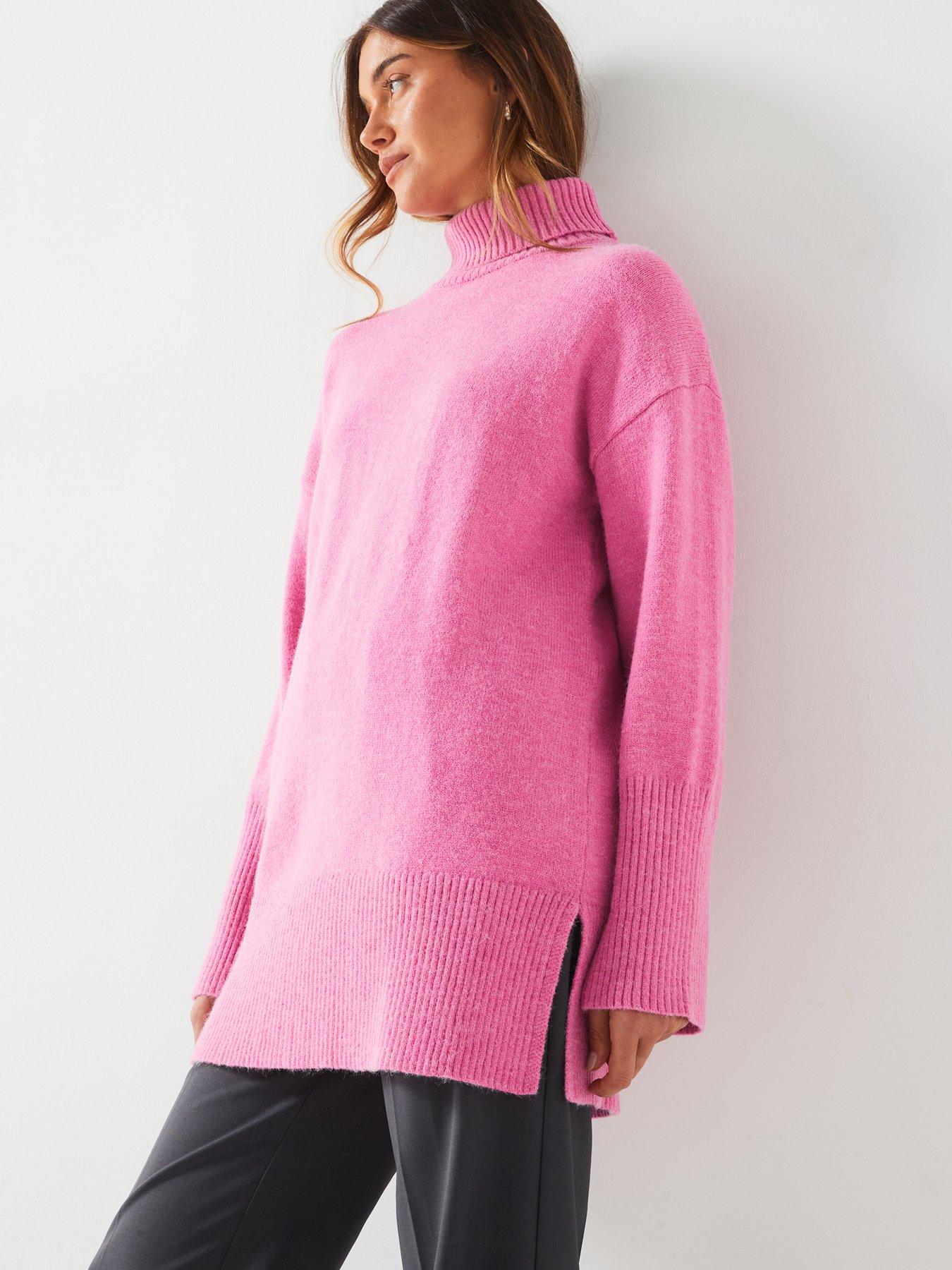undefined Roll Neck Deep Rib Longline Jumper - Pink